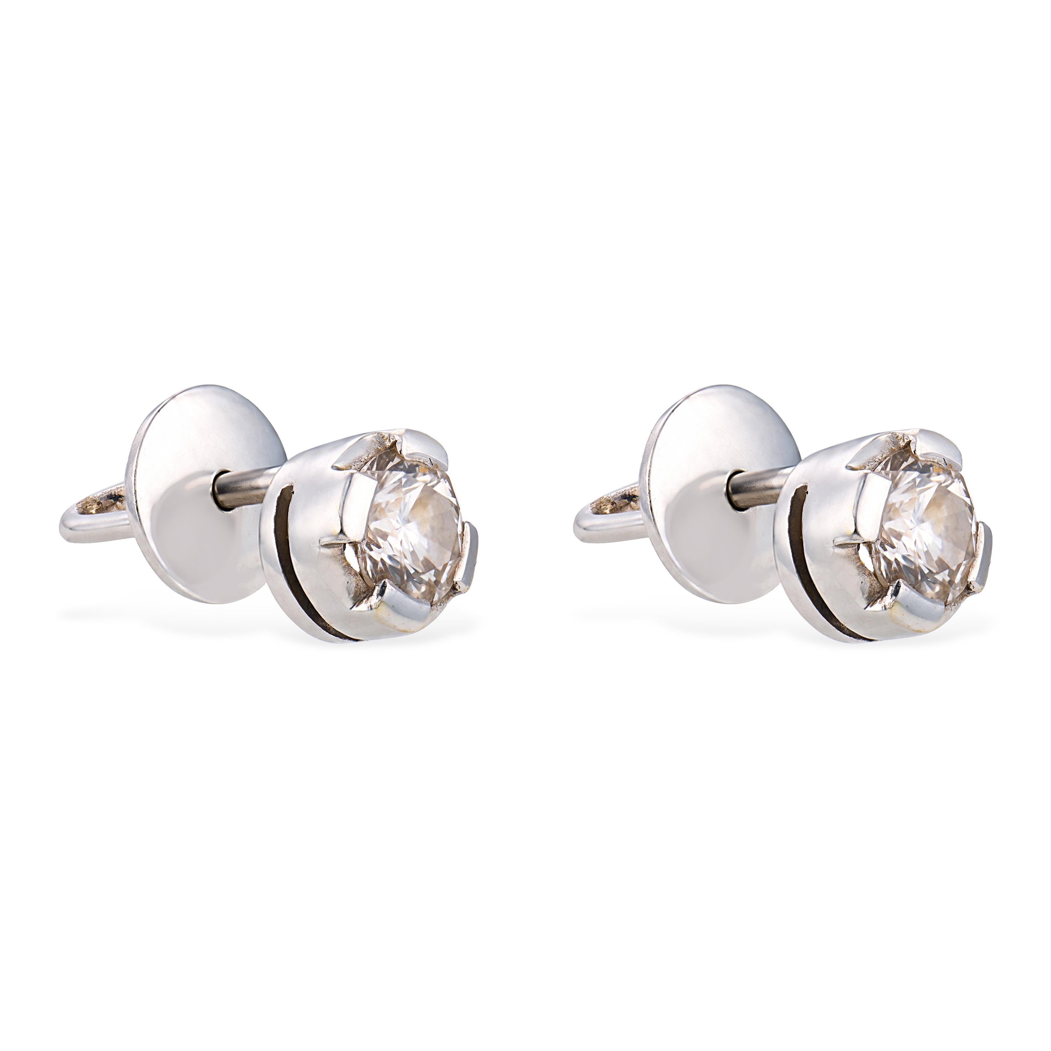 Mid Century 1.00 carat diamond 14k white gold stud earrings