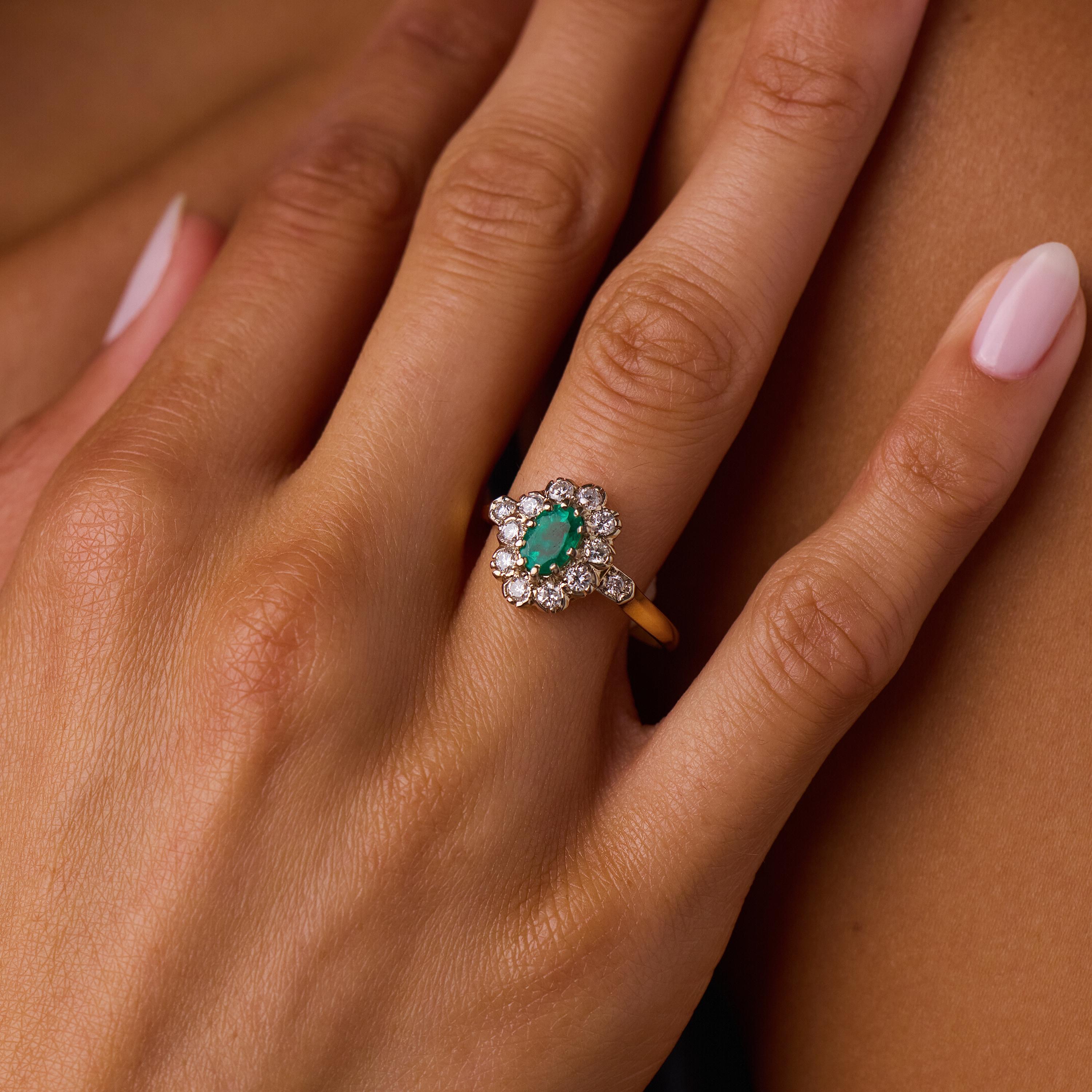 French vintage emerald diamond 18k yellow white gold ring