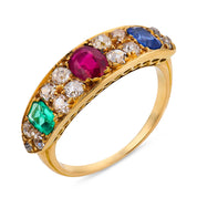 Victorian 2.20 carat emerald ruby sapphire diamond 18k yellow gold ring