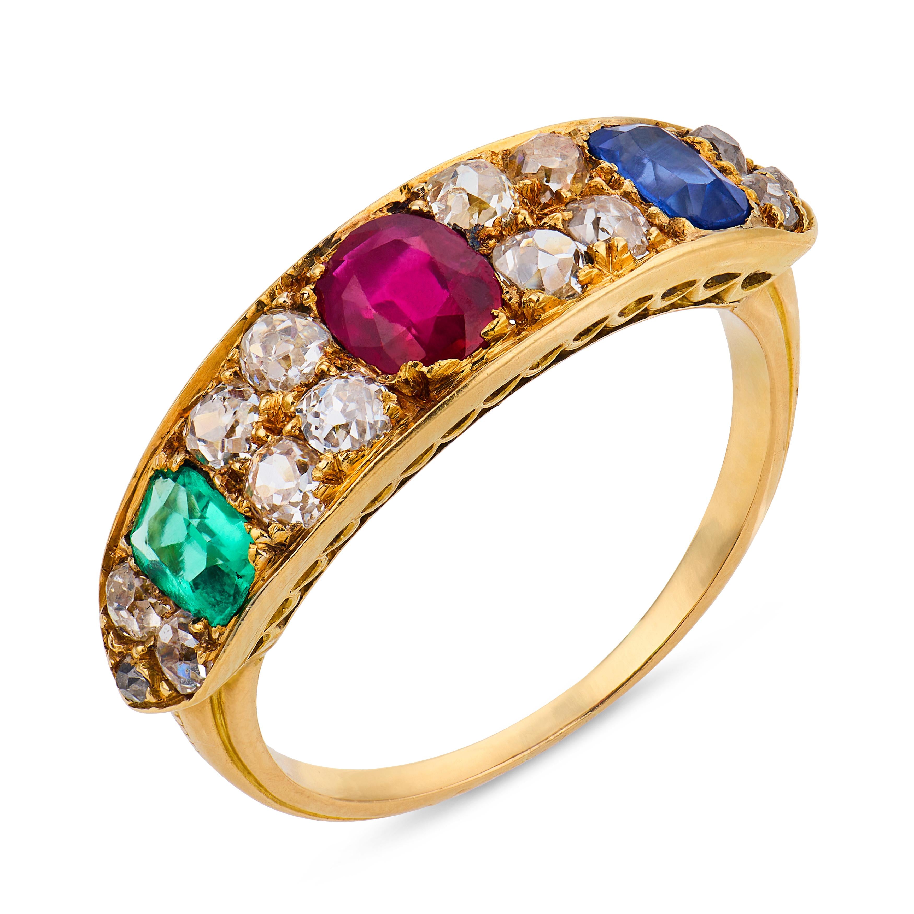 Victorian 2.20 carat emerald ruby sapphire diamond 18k yellow gold ring