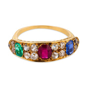 Victorian 2.20 carat emerald ruby sapphire diamond 18k yellow gold ring