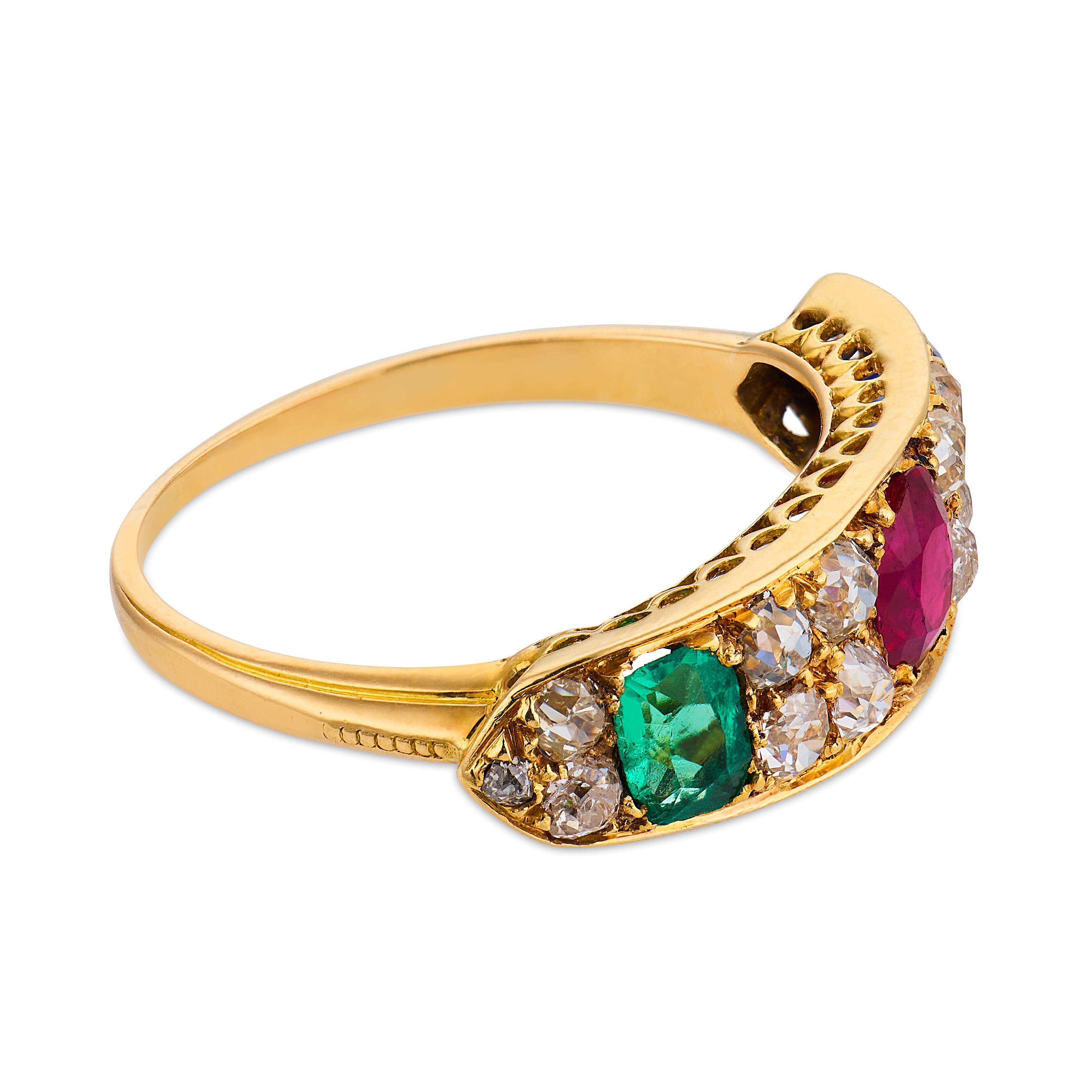Victorian 2.20 carat emerald ruby sapphire diamond 18k yellow gold ring