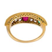 Victorian 2.20 carat emerald ruby sapphire diamond 18k yellow gold ring