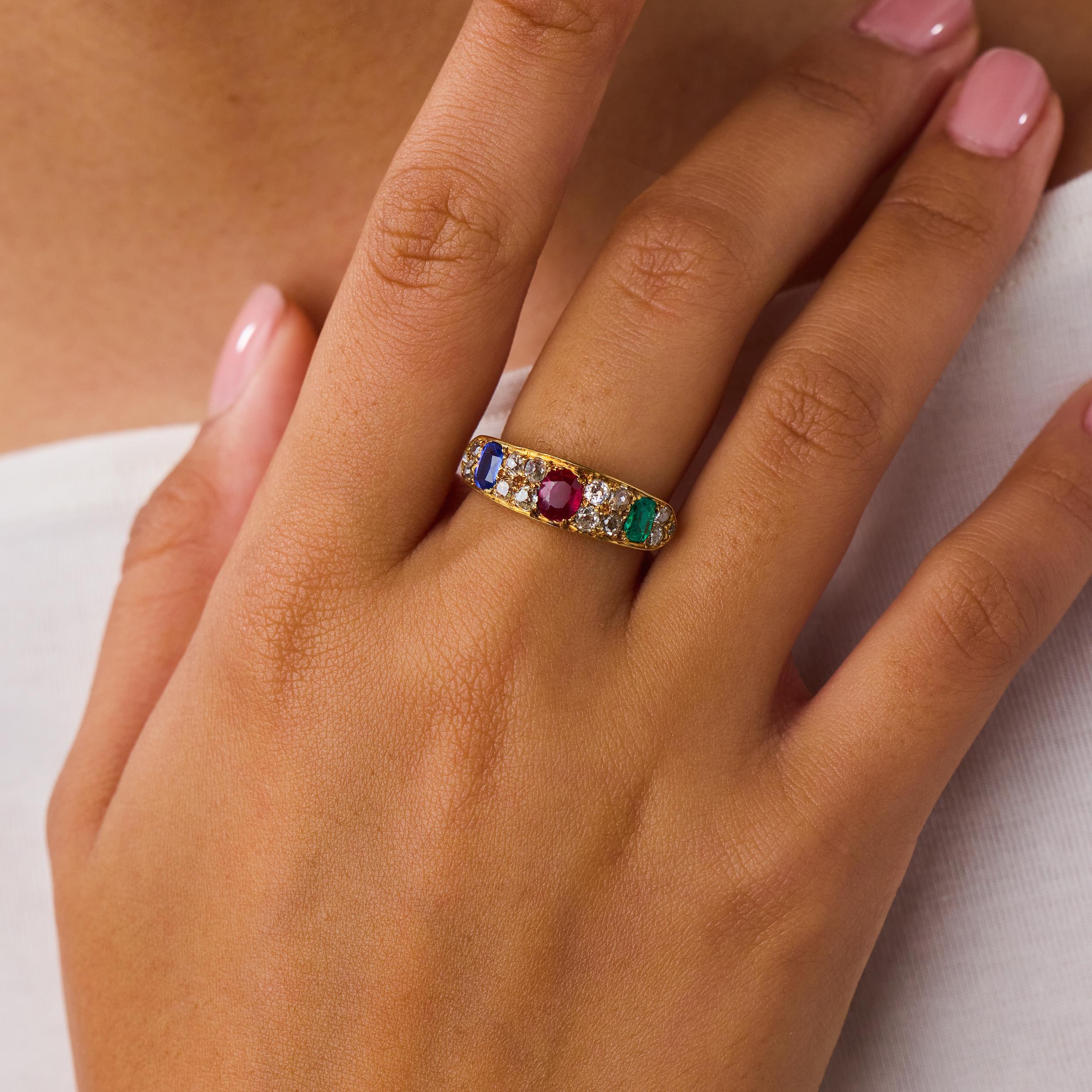 Victorian 2.20 carat emerald ruby sapphire diamond 18k yellow gold ring