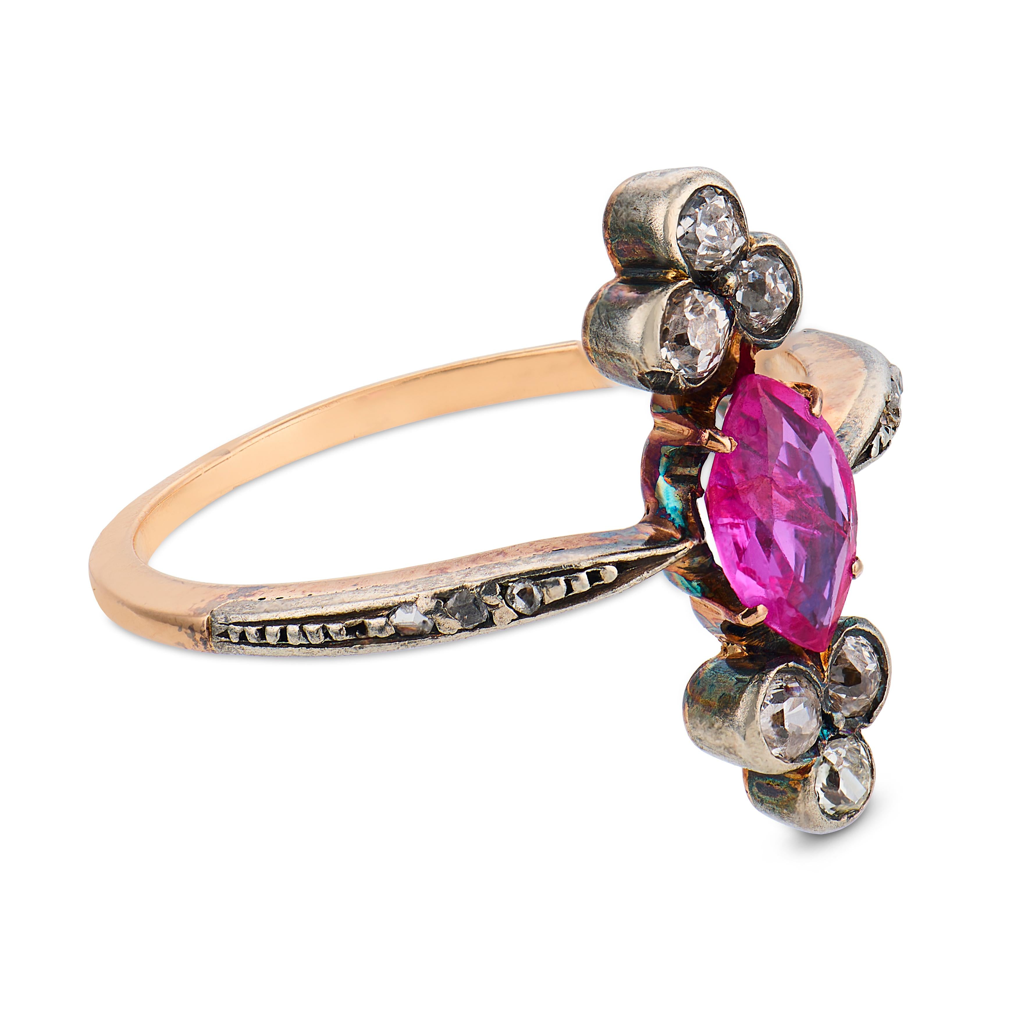 Victorian ruby diamond 18k yellow gold silver ring