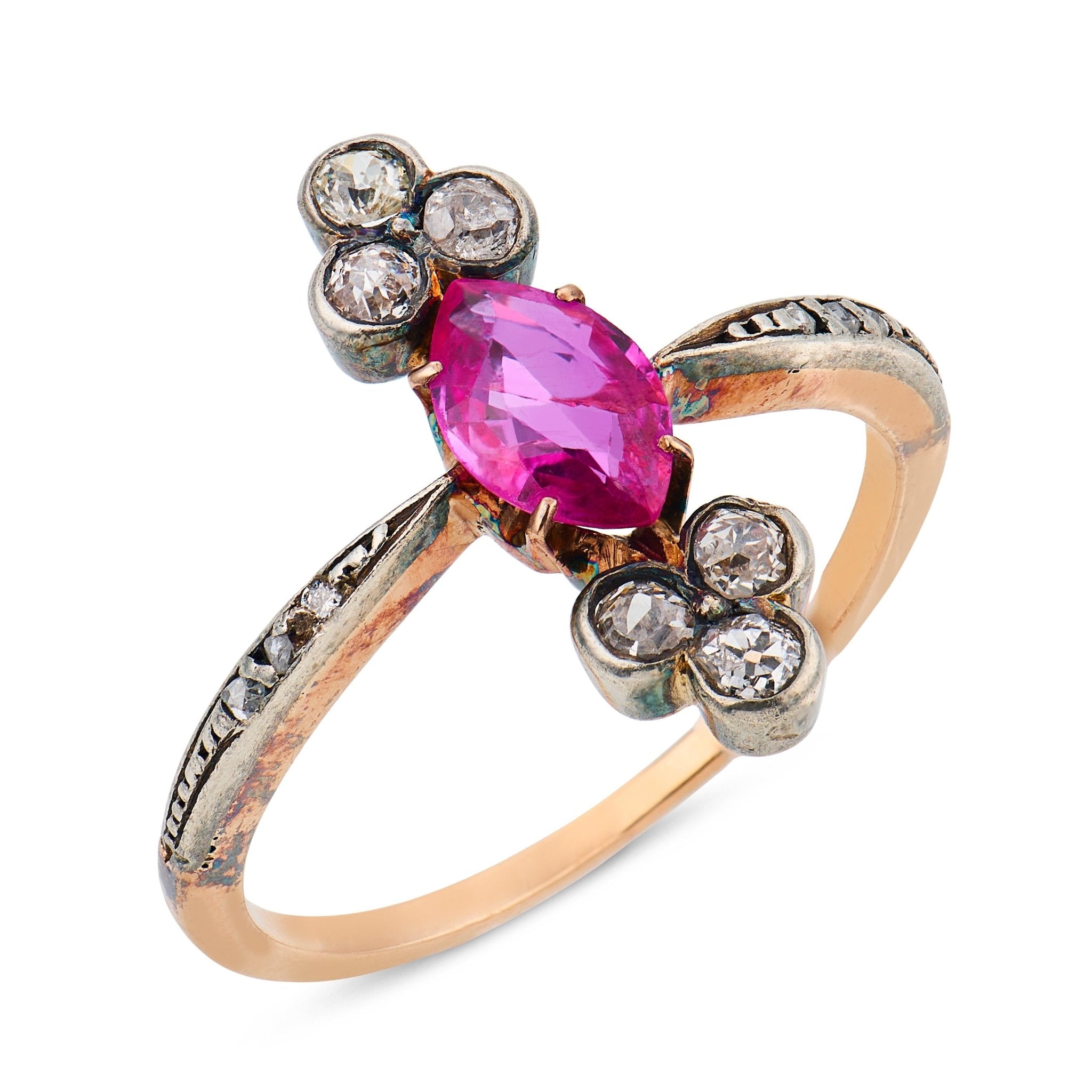 Victorian ruby diamond 18k yellow gold silver ring