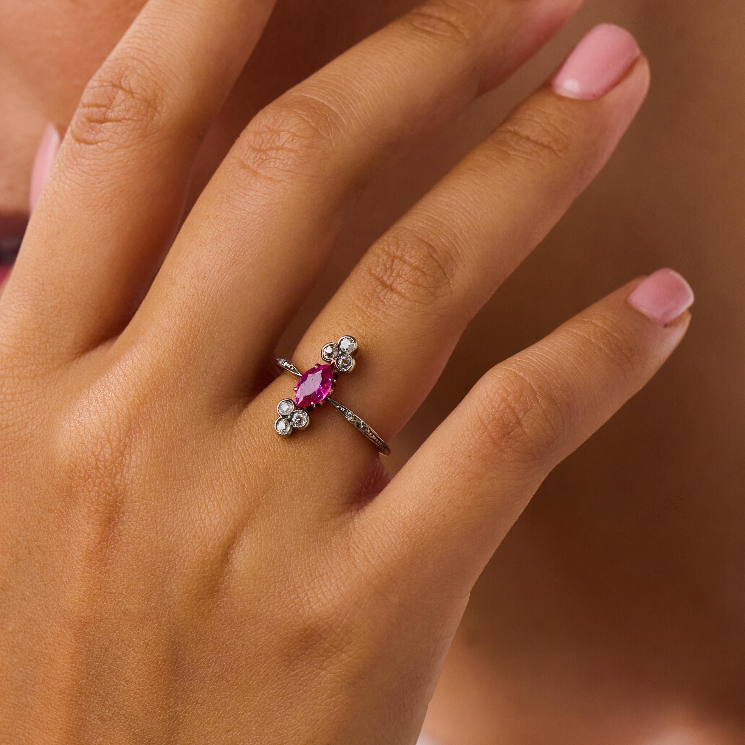Victorian ruby diamond 18k yellow gold silver ring