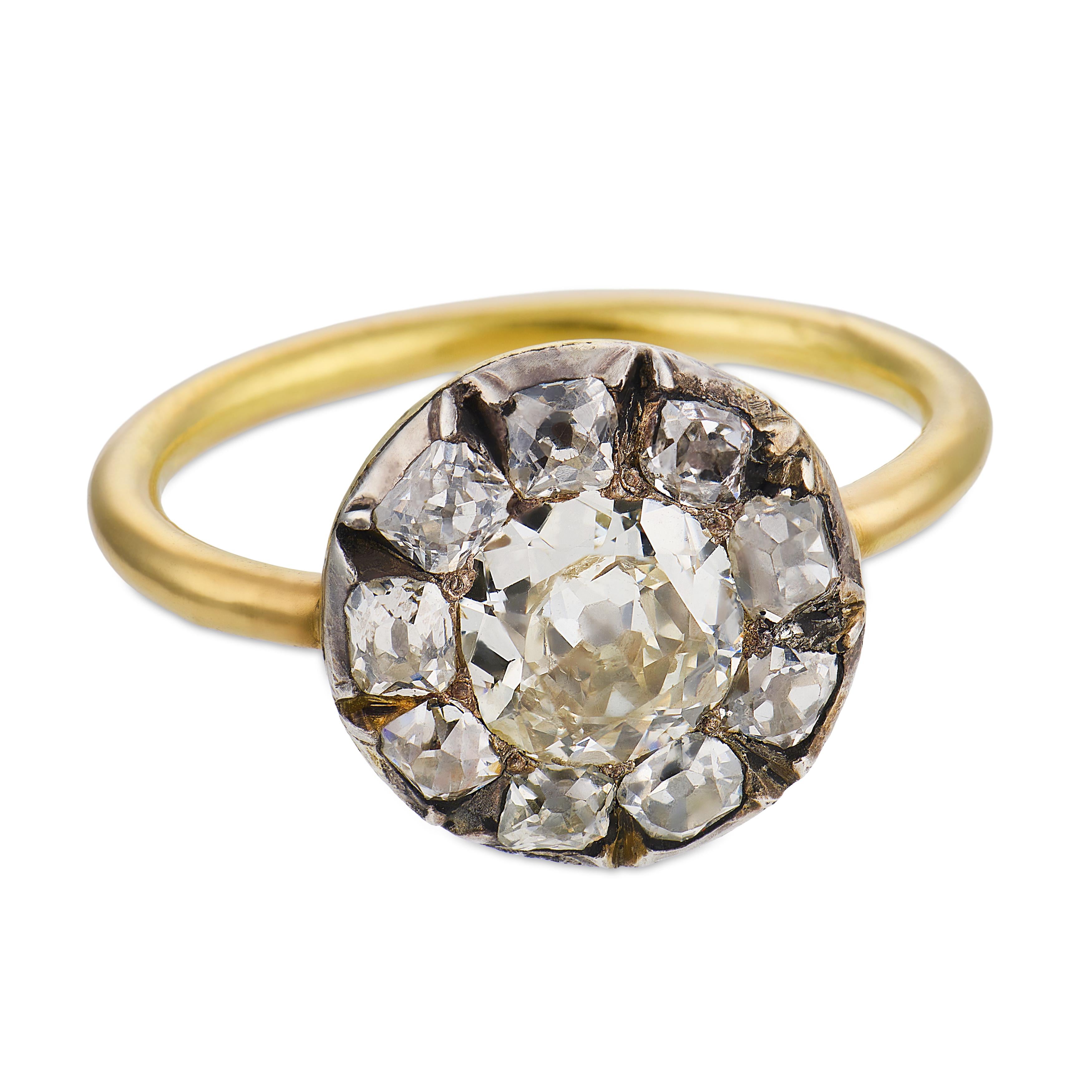 Georgian old cut diamond 18k yellow gold silver cluster ring
