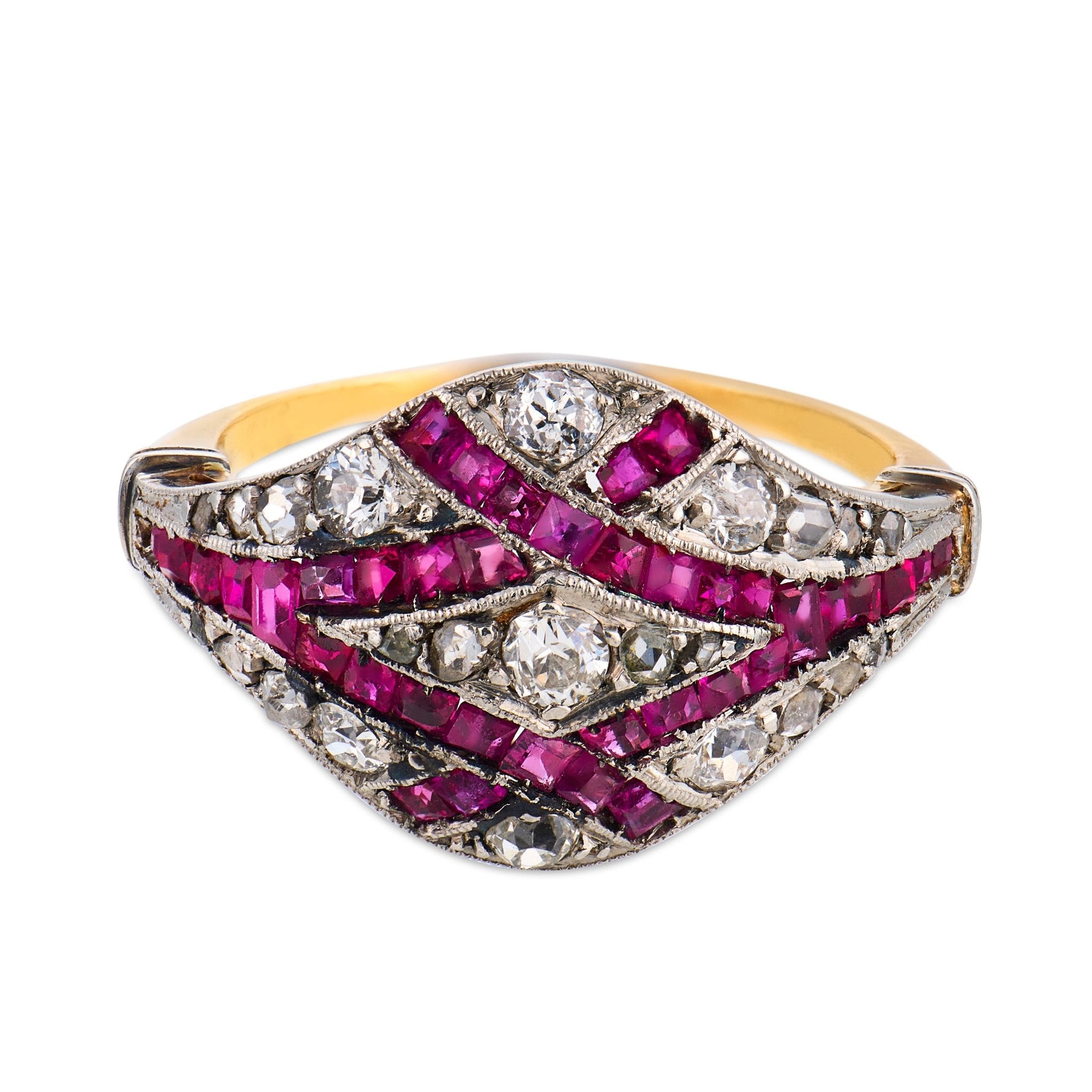 Edwardian diamond ruby 18k yellow gold platinum ring