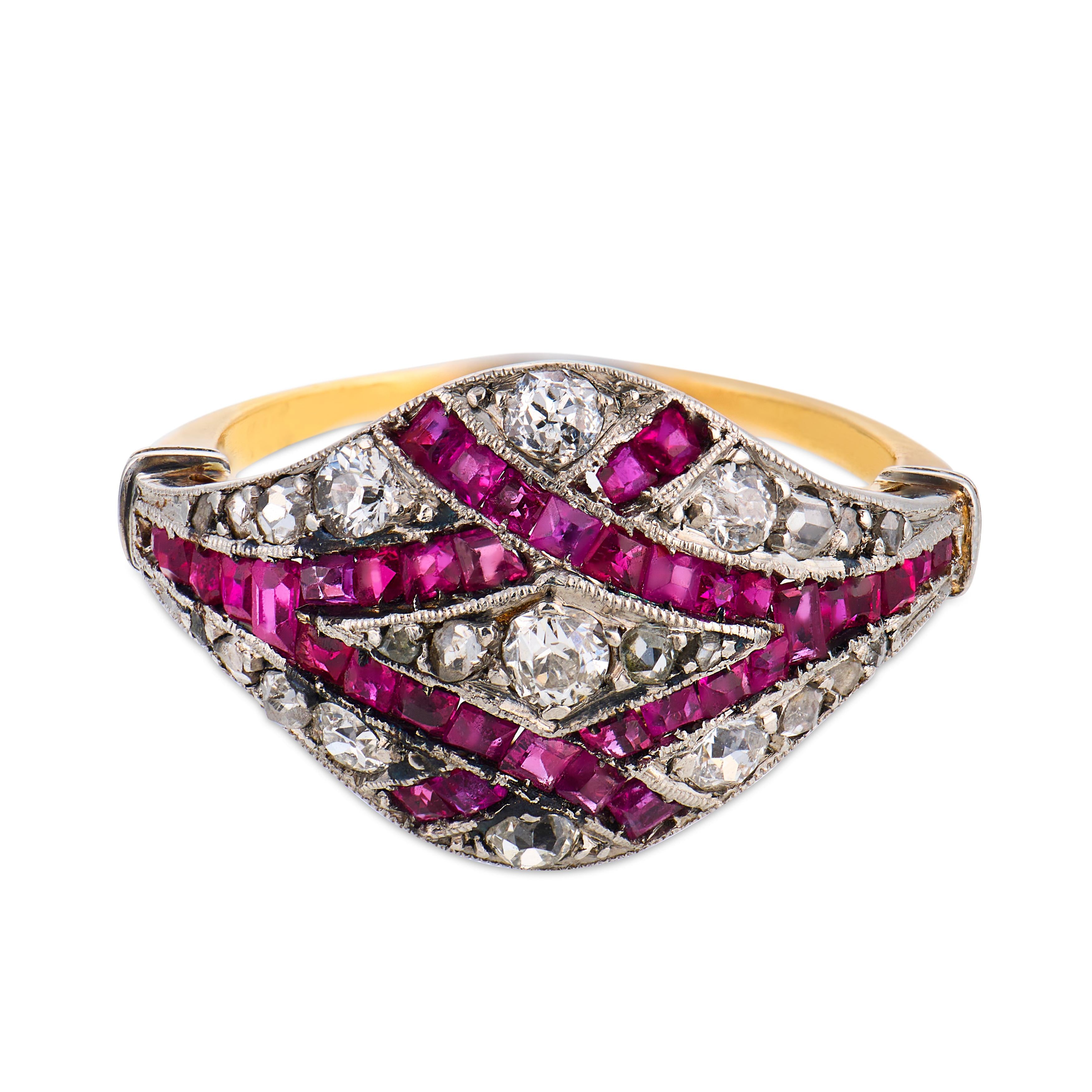 Edwardian diamond ruby 18k yellow gold platinum ring
