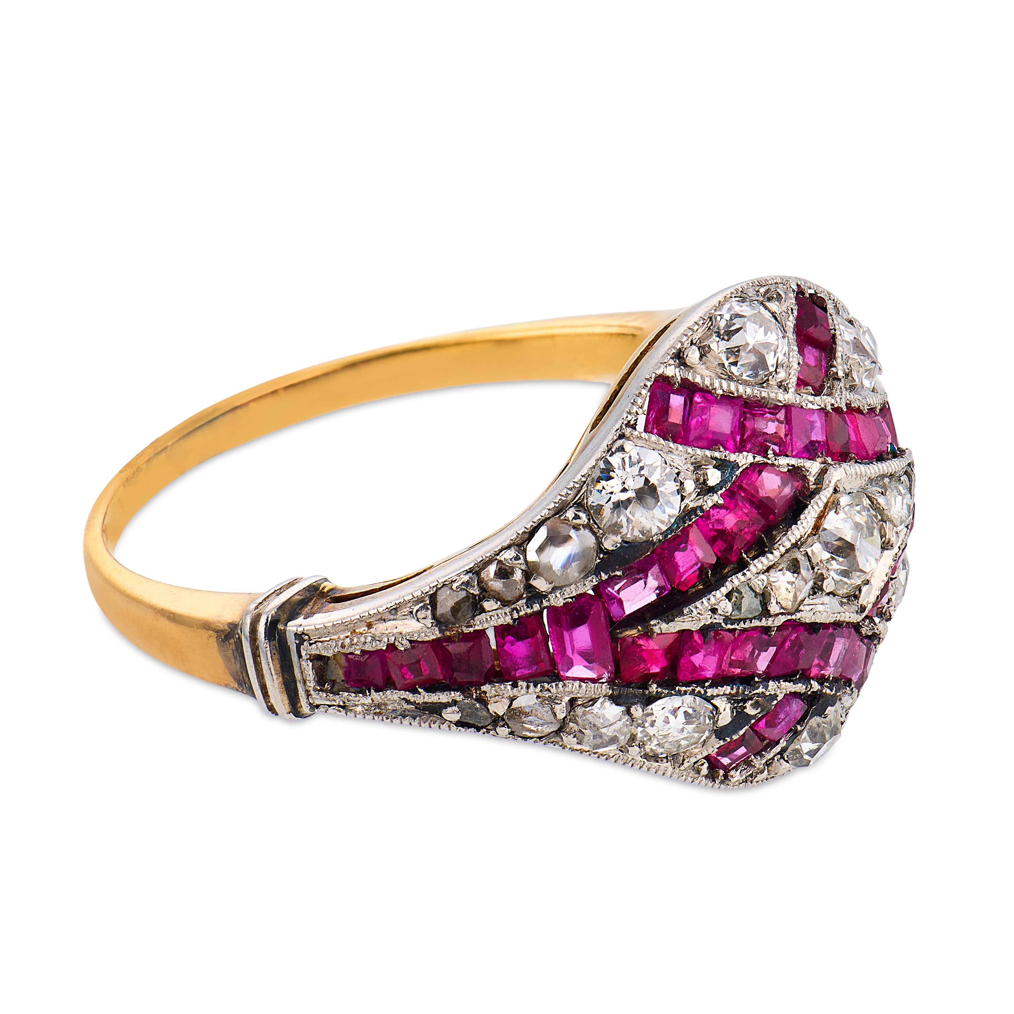 Edwardian diamond ruby 18k yellow gold platinum ring