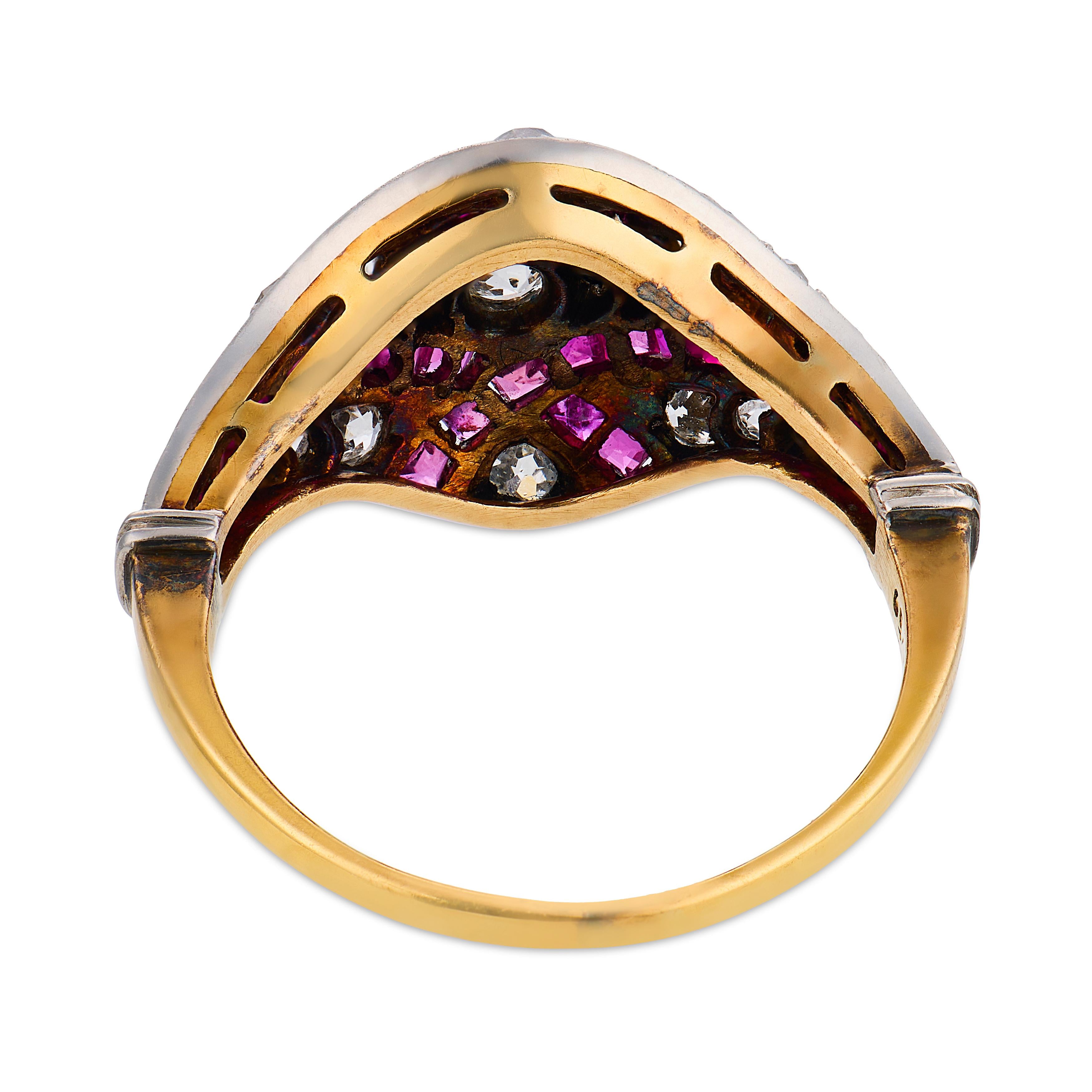 Edwardian diamond ruby 18k yellow gold platinum ring
