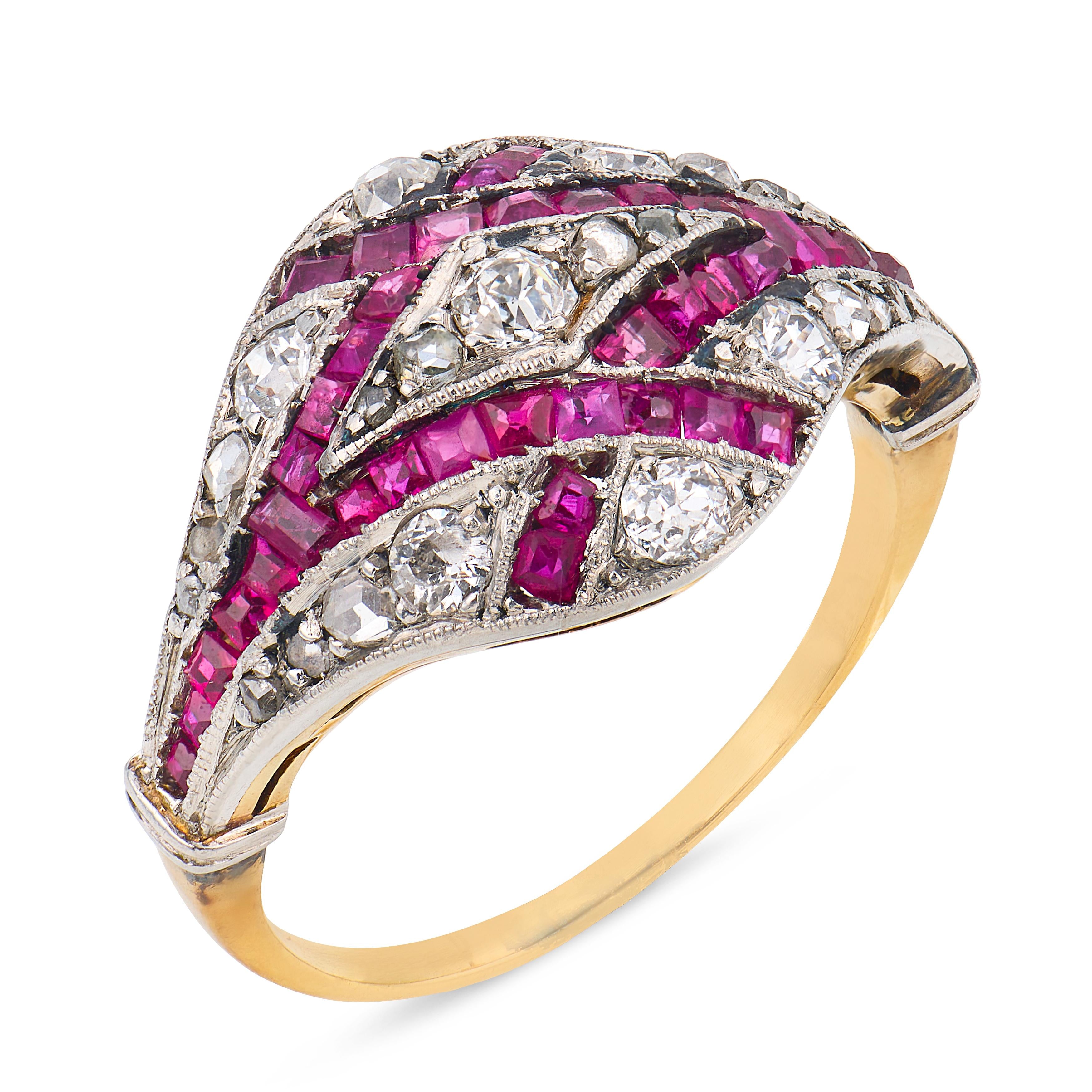 Edwardian diamond ruby 18k yellow gold platinum ring