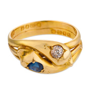 Victorian diamond sapphire 18k yellow gold snake ring