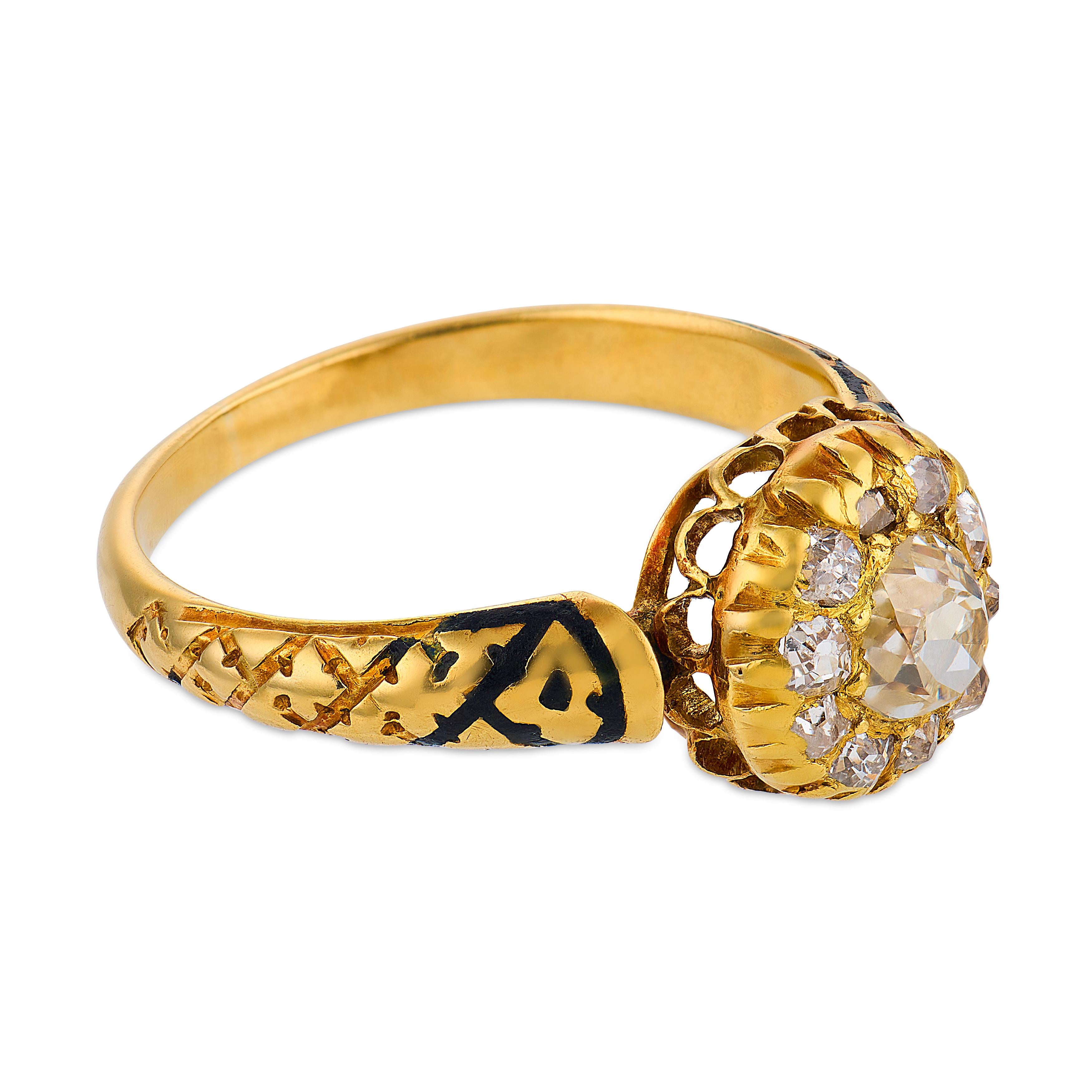 Victorian diamond 18k yellow gold enamel cluster ring