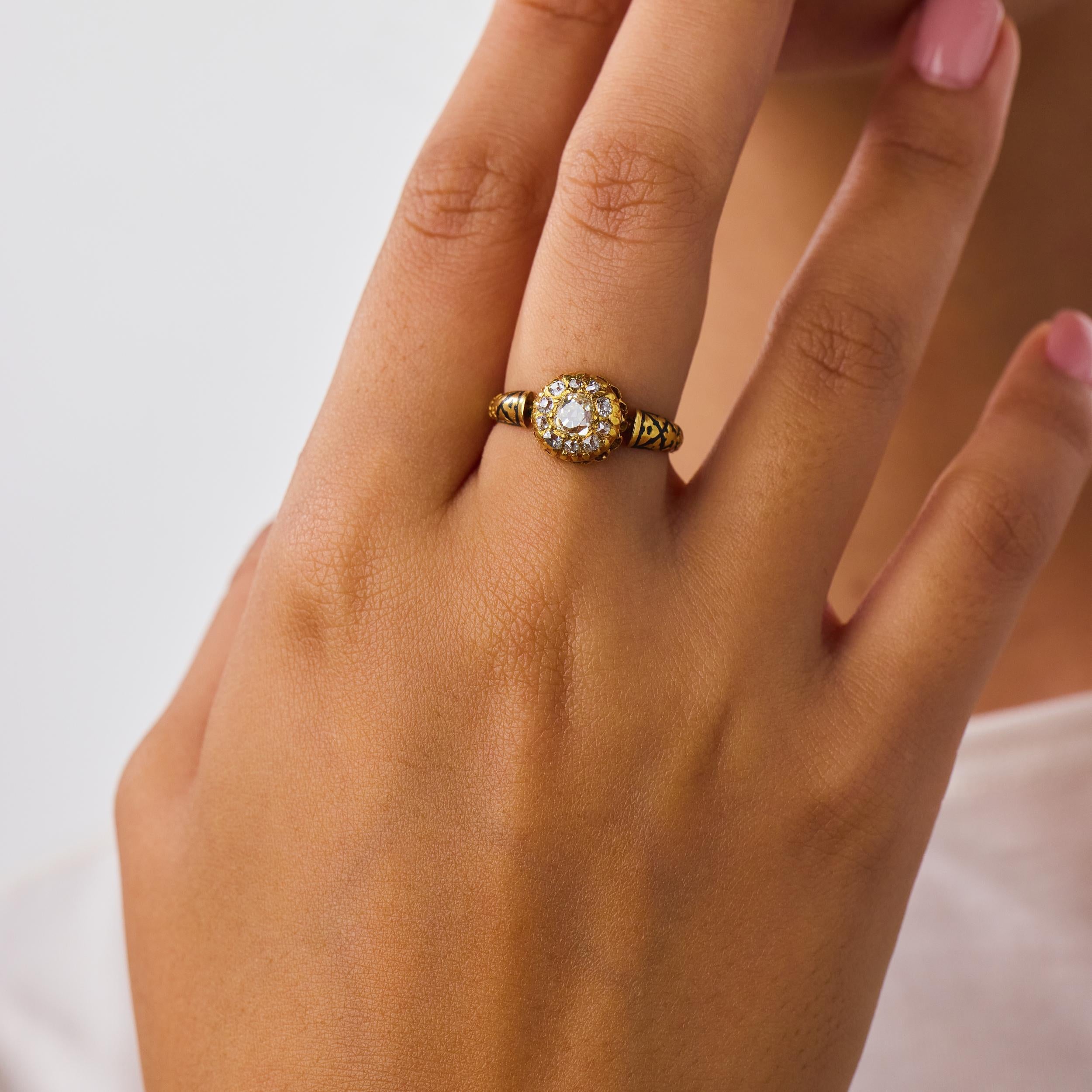 Victorian diamond 18k yellow gold enamel cluster ring