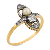 Edwardian diamond pearl 18k yellow gold ring