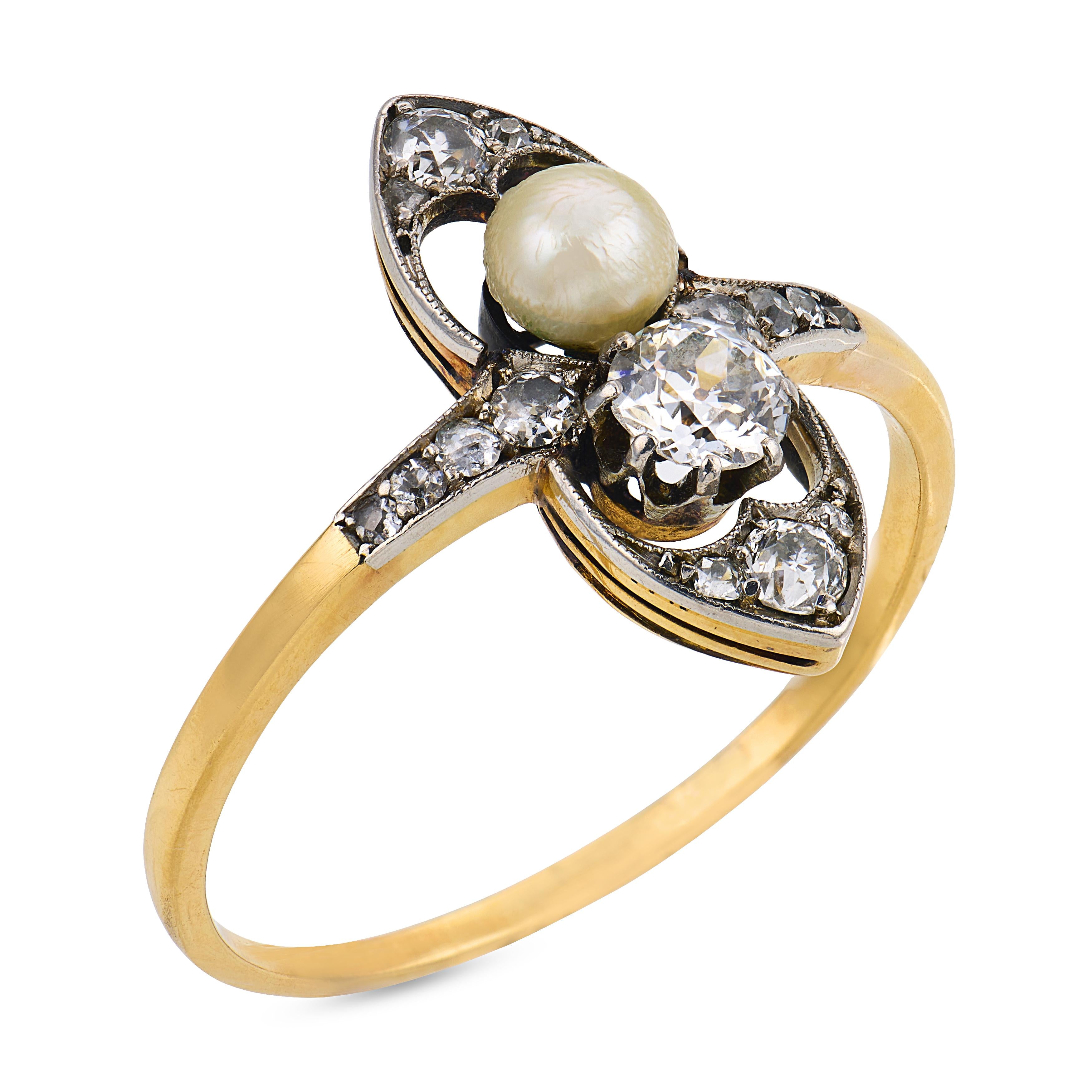 Edwardian diamond pearl 18k yellow gold ring