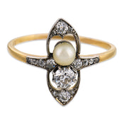 Edwardian diamond pearl 18k yellow gold ring
