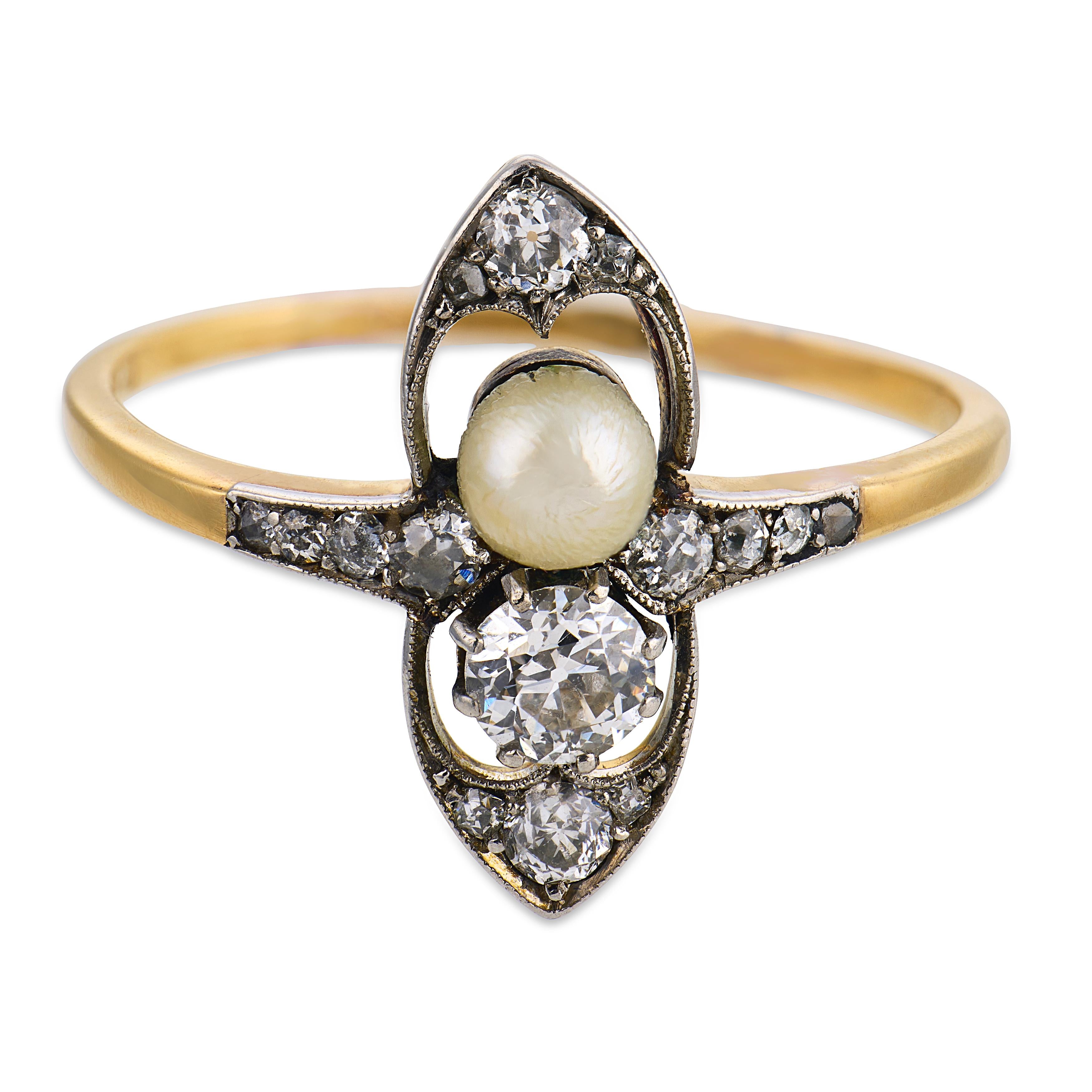 Edwardian diamond pearl 18k yellow gold ring