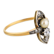 Edwardian diamond pearl 18k yellow gold ring