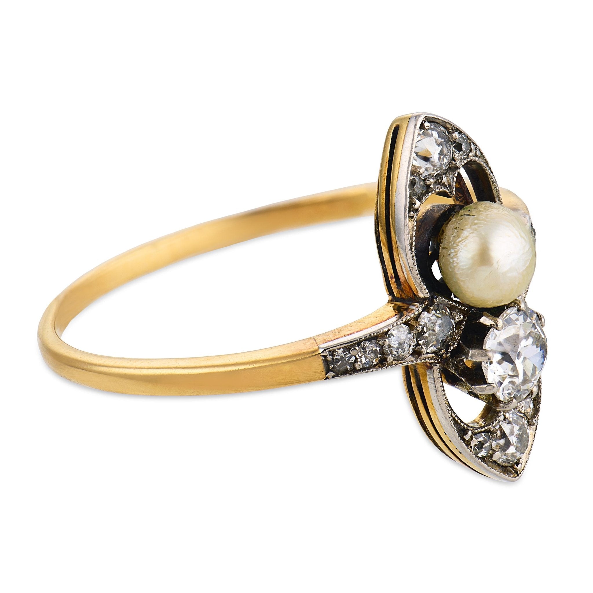 Edwardian diamond pearl 18k yellow gold ring