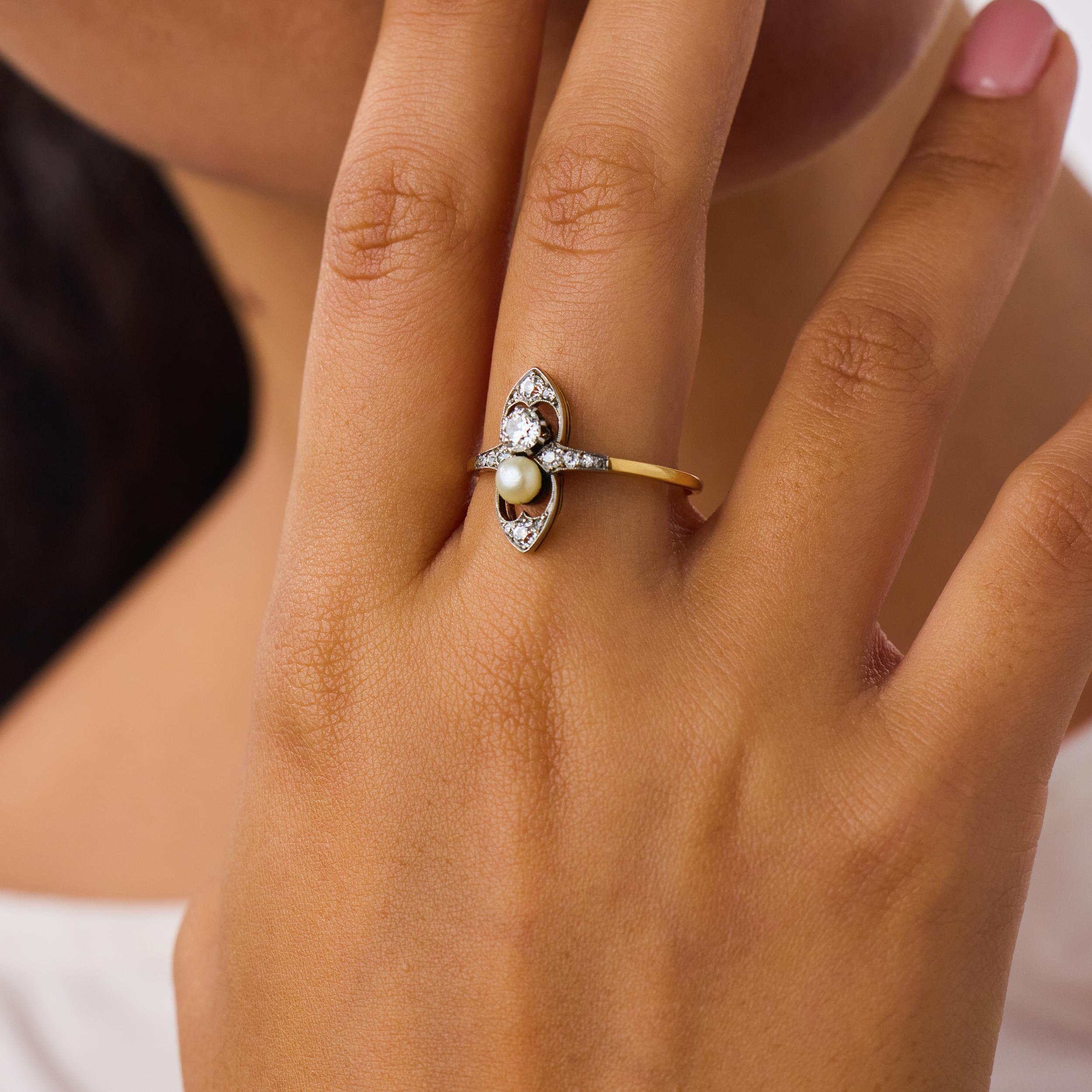 Edwardian diamond pearl 18k yellow gold ring