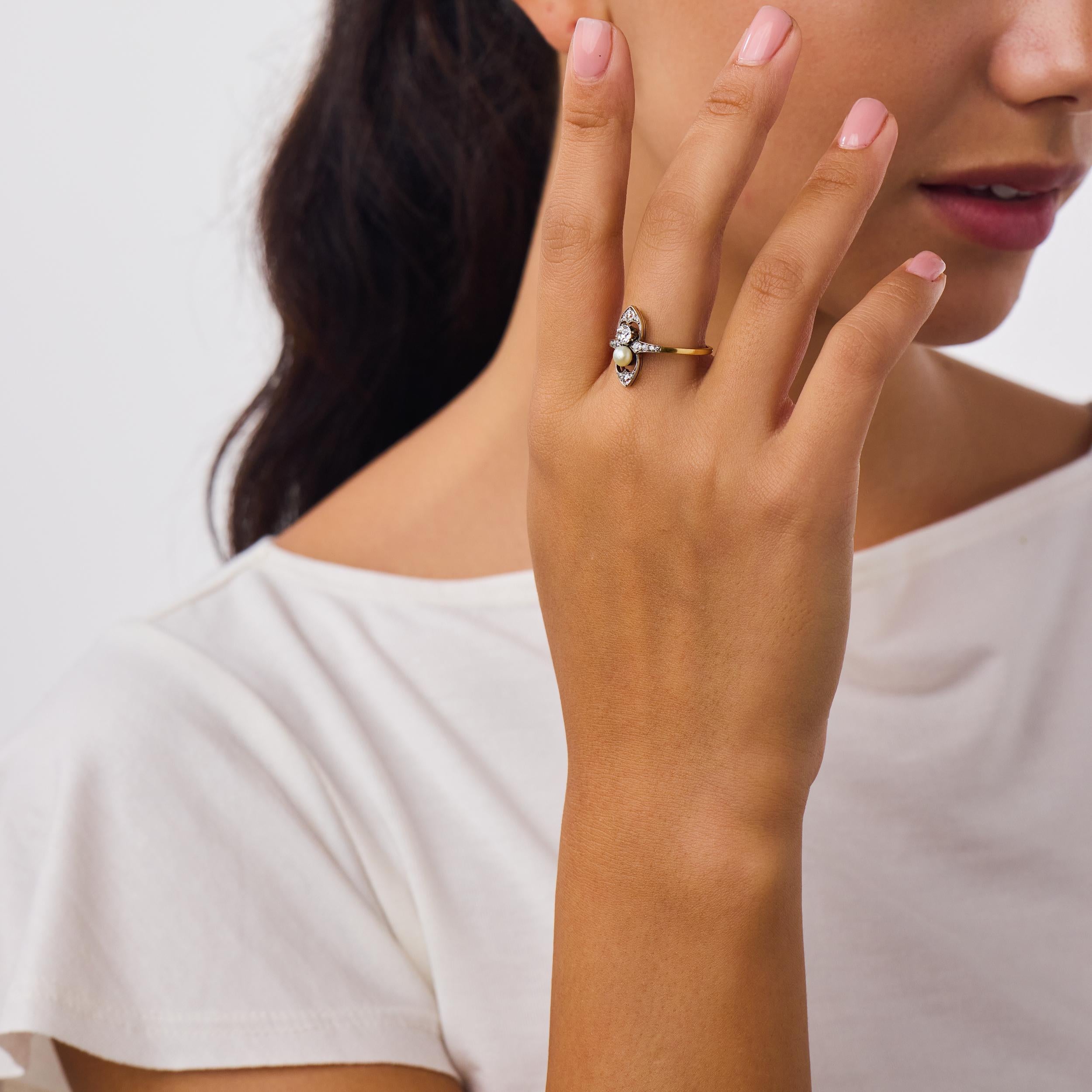 Edwardian diamond pearl 18k yellow gold ring