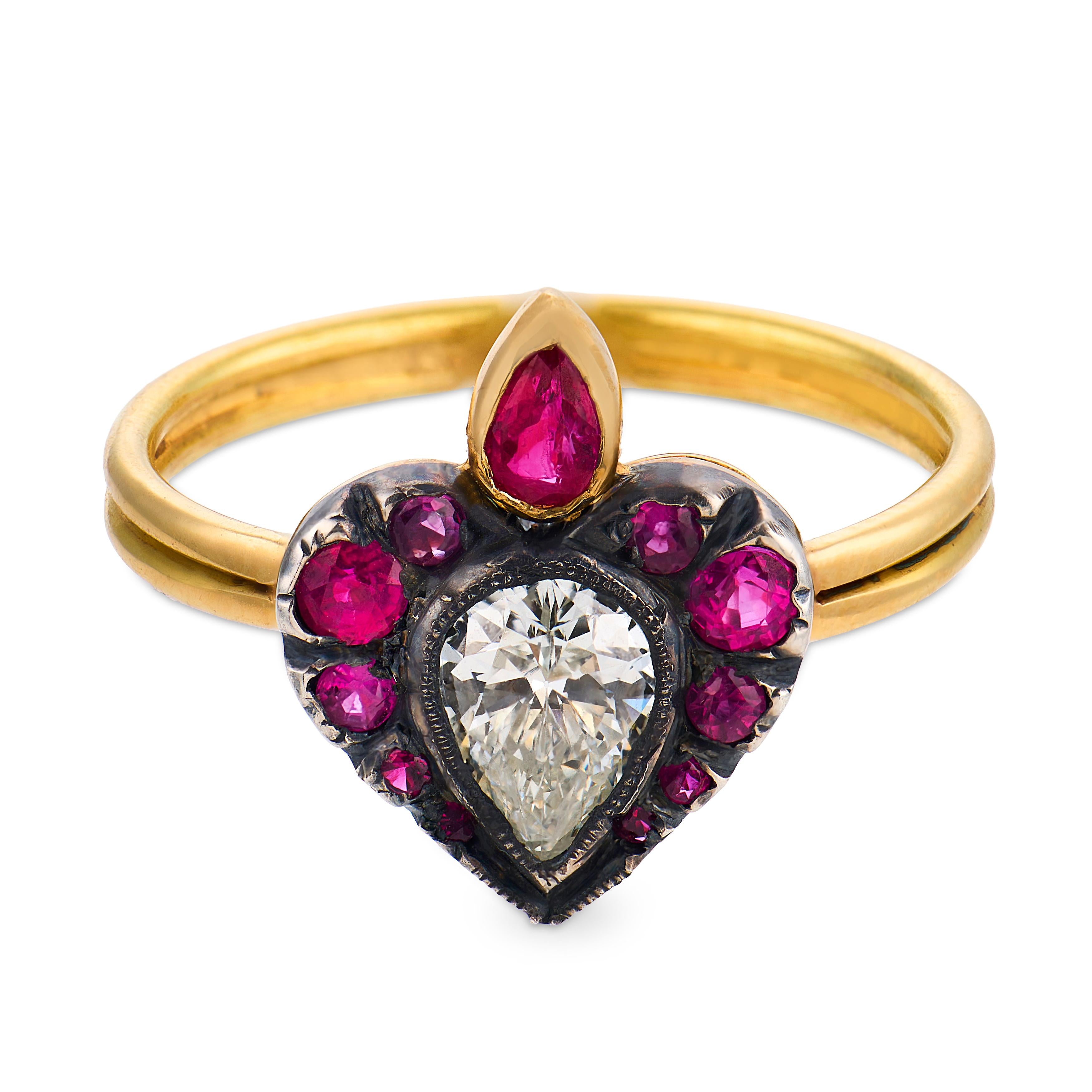 Victorian diamond ruby 18k yellow gold silver ring