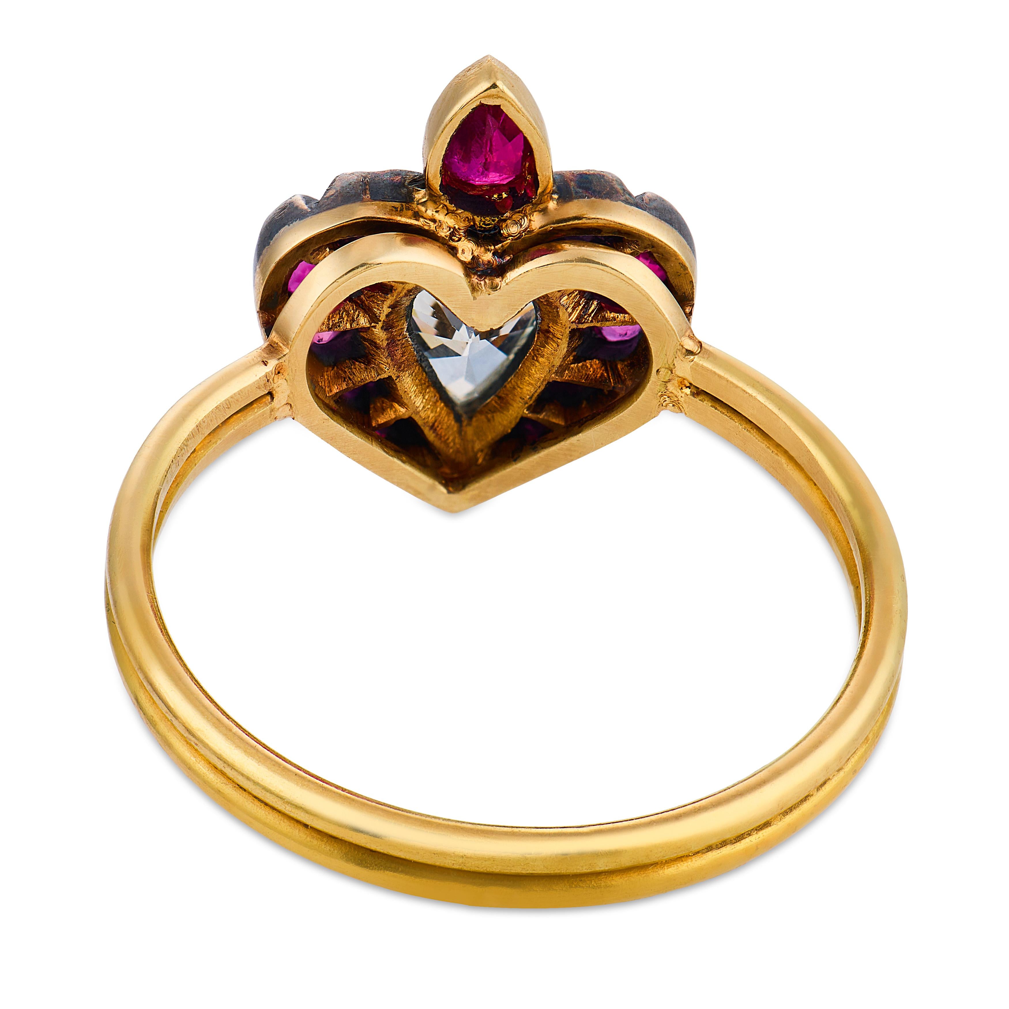 Victorian diamond ruby 18k yellow gold silver ring