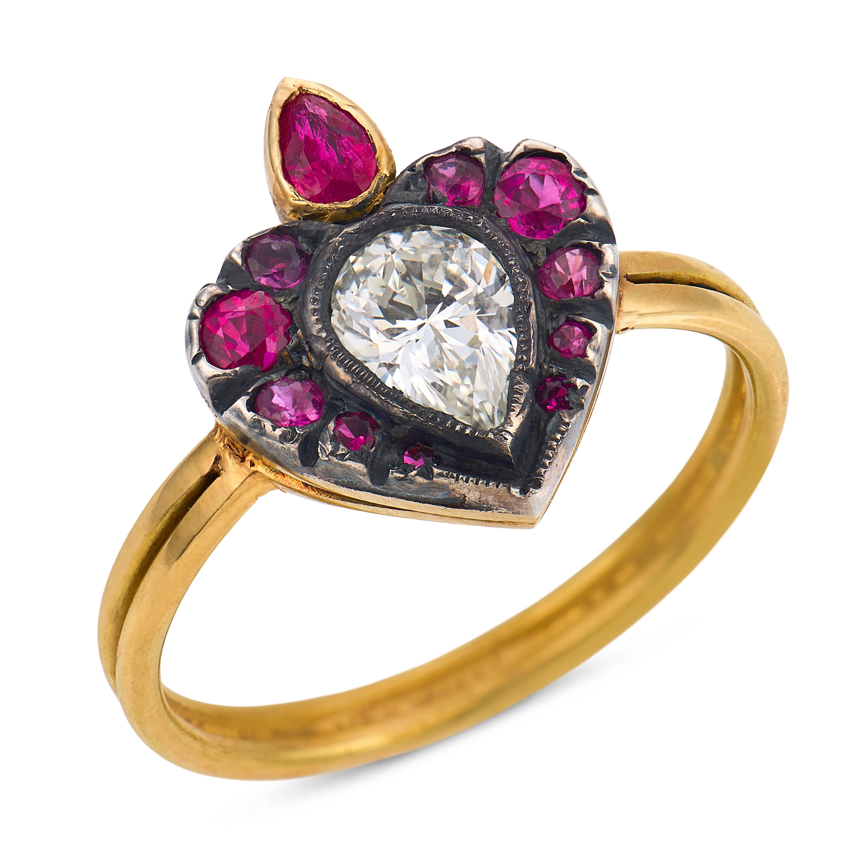 Victorian diamond ruby 18k yellow gold silver ring
