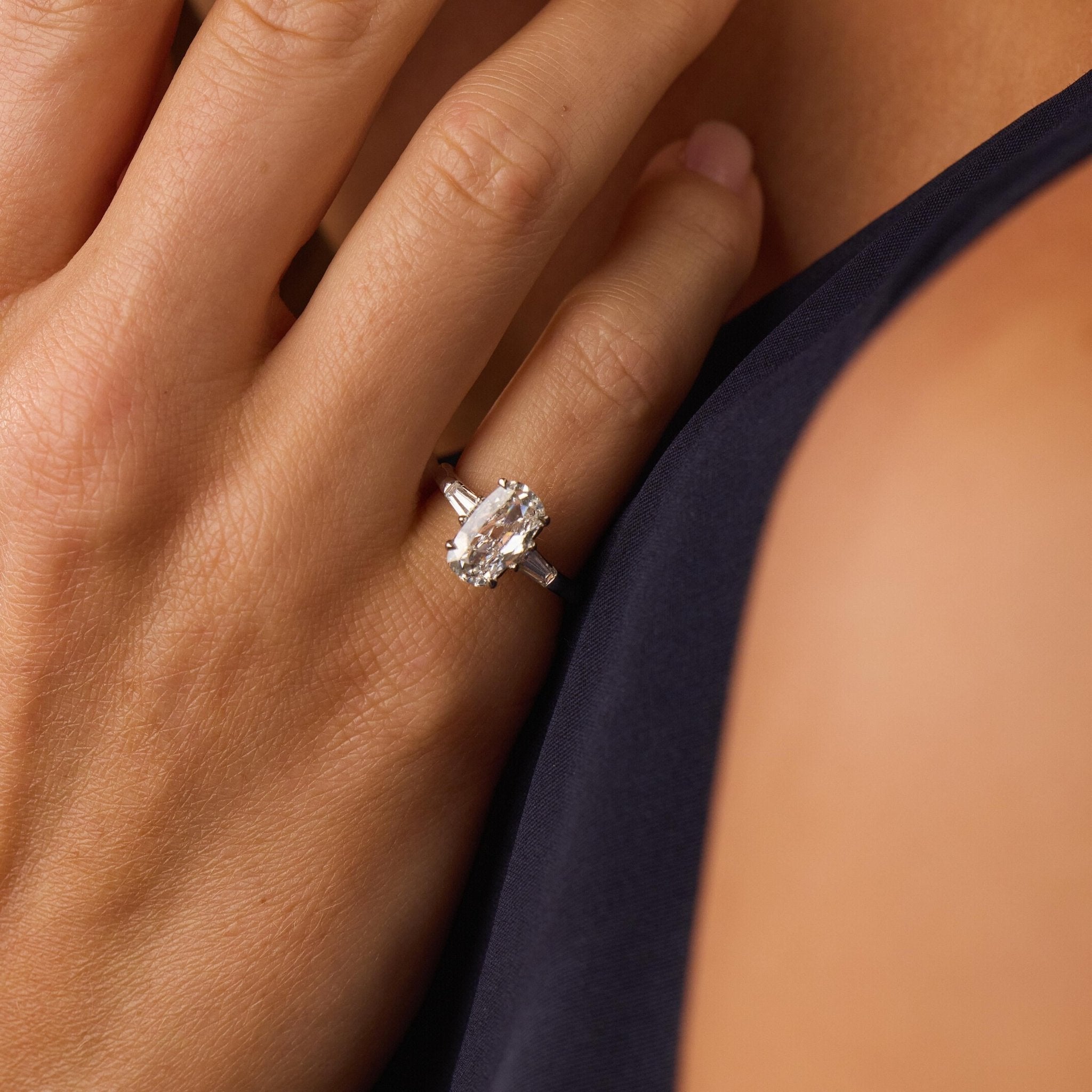 GIA 2.01 carat elongated old mine cut diamond platinum engagement ring