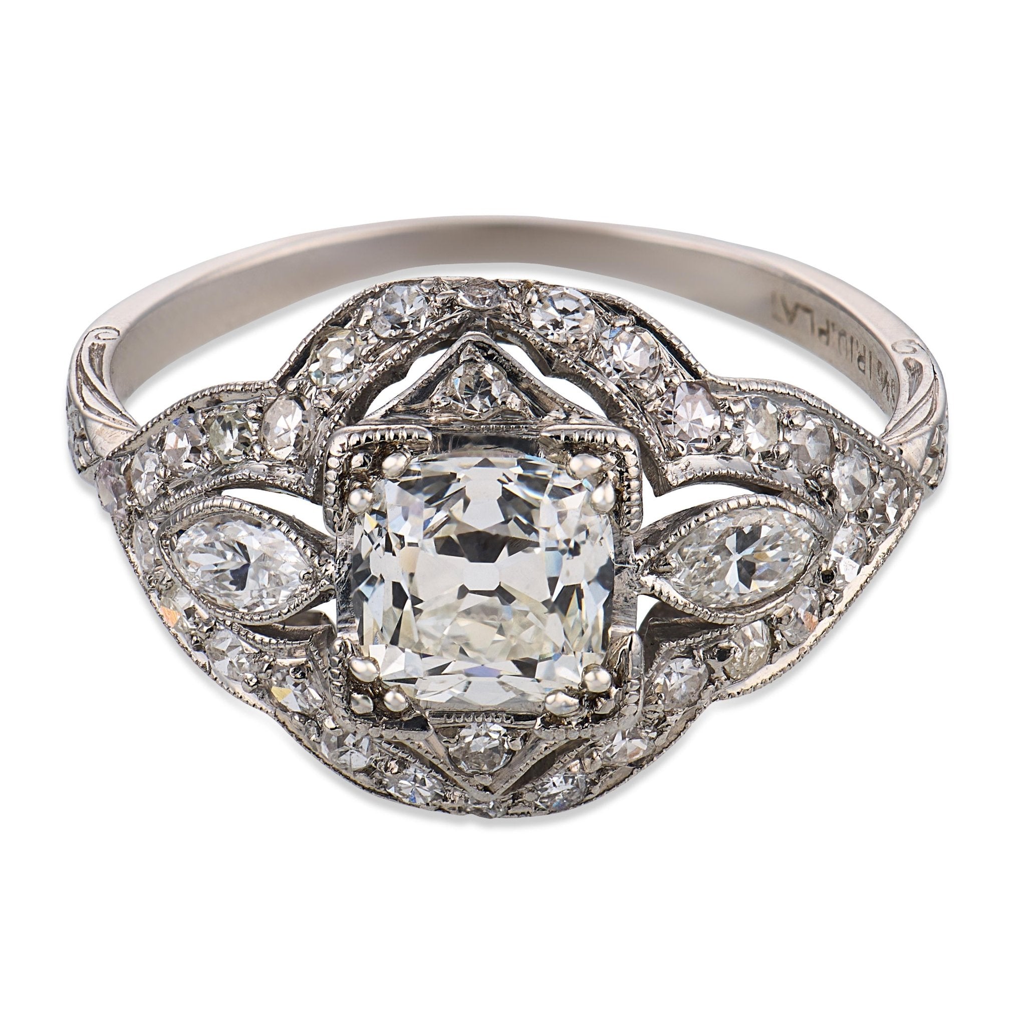 Art Deco GIA 0.93 carat old mine cut diamond platinum engagement ring