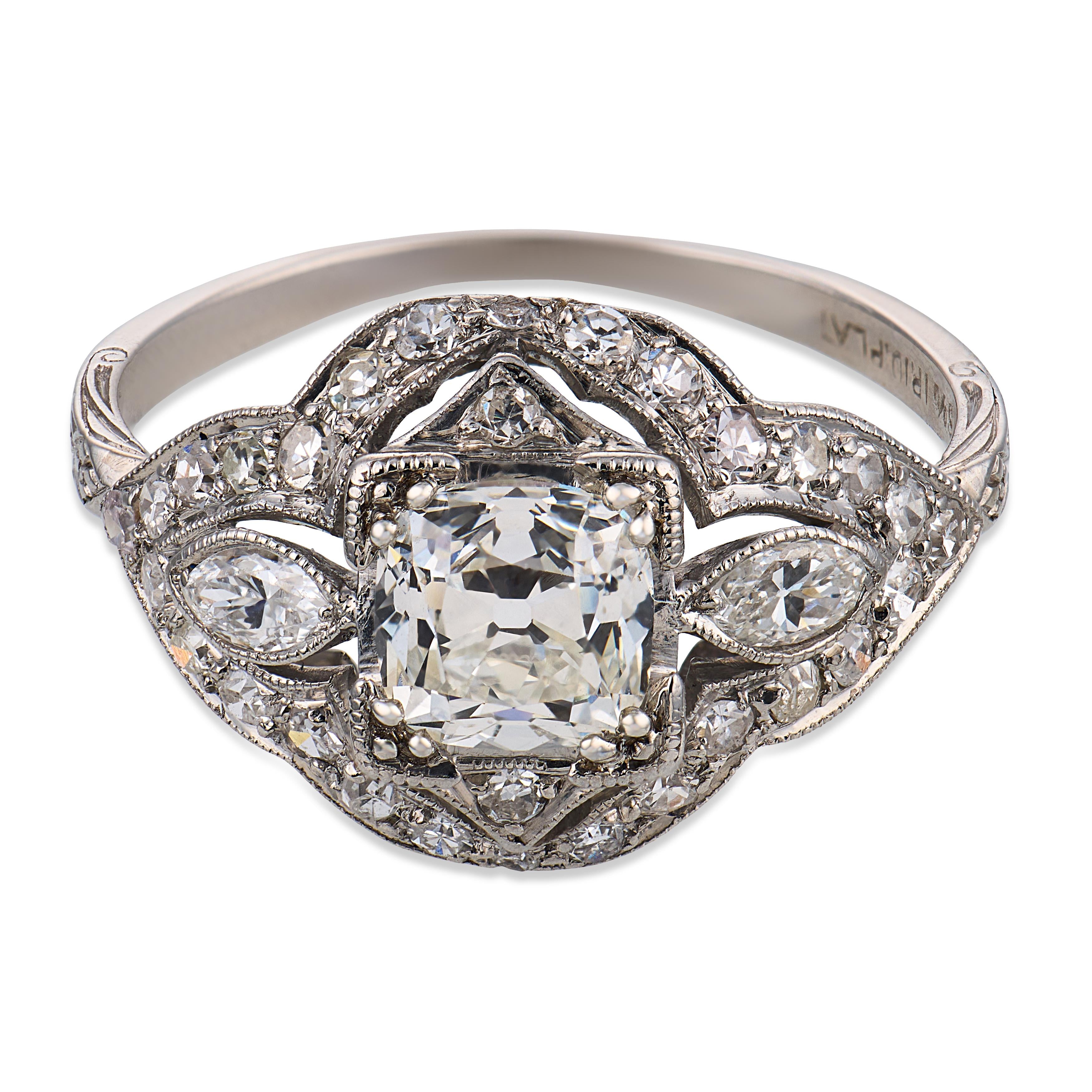 Art Deco GIA 0.93 carat old mine cut diamond platinum engagement ring