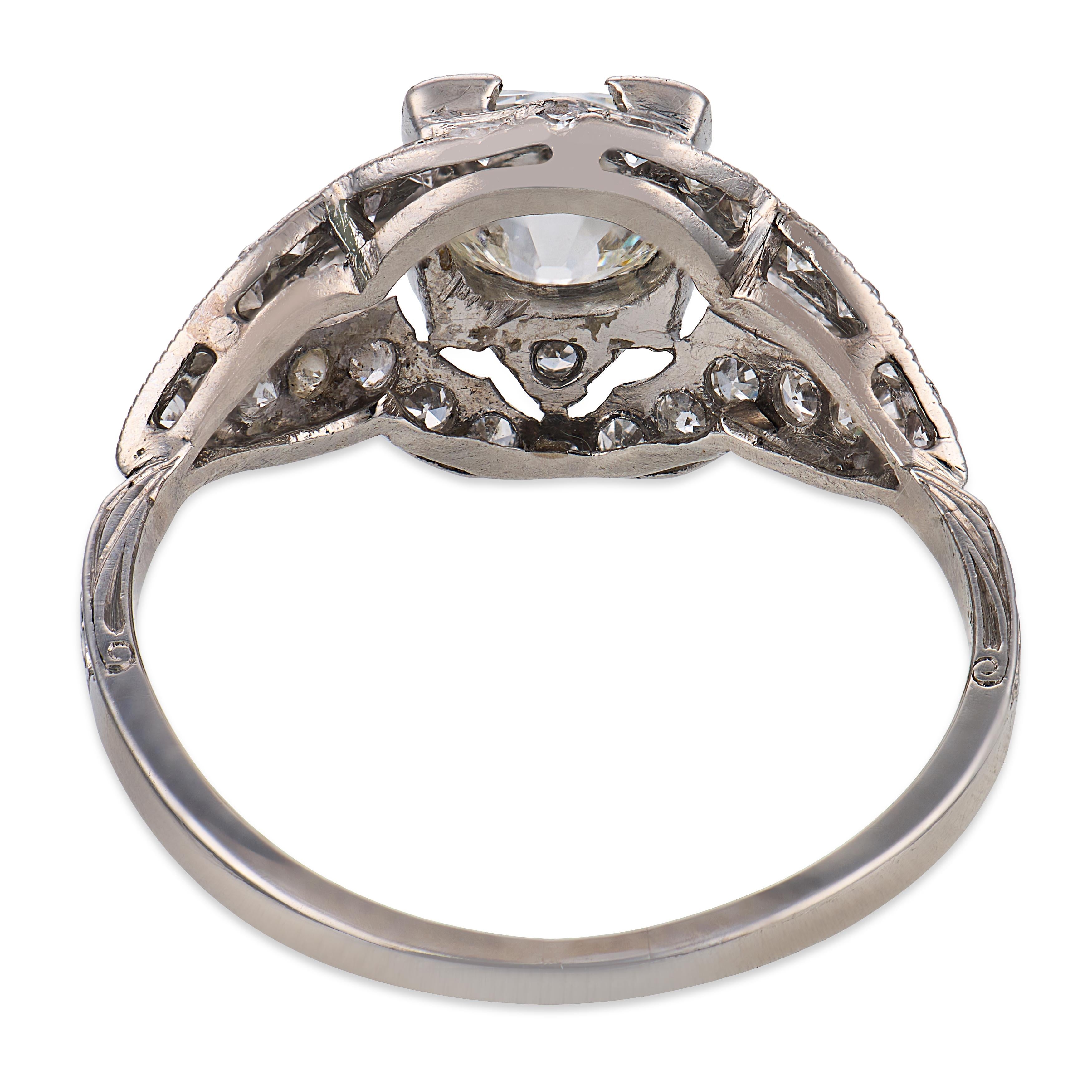 Art Deco GIA 0.93 carat old mine cut diamond platinum engagement ring