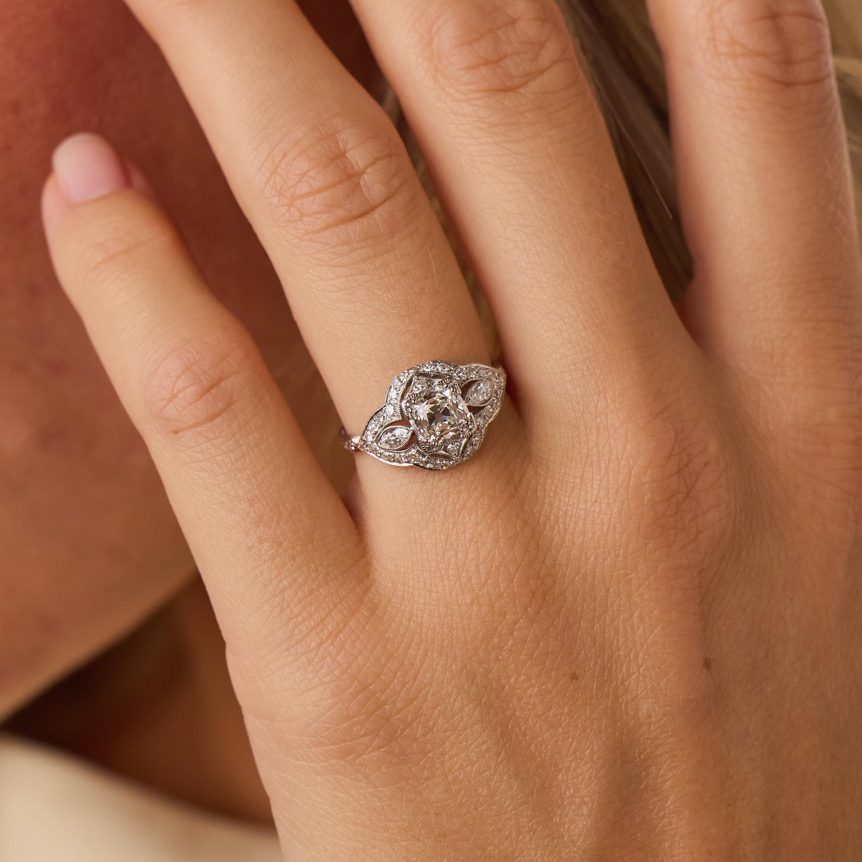 Art Deco GIA 0.93 carat old mine cut diamond platinum engagement ring