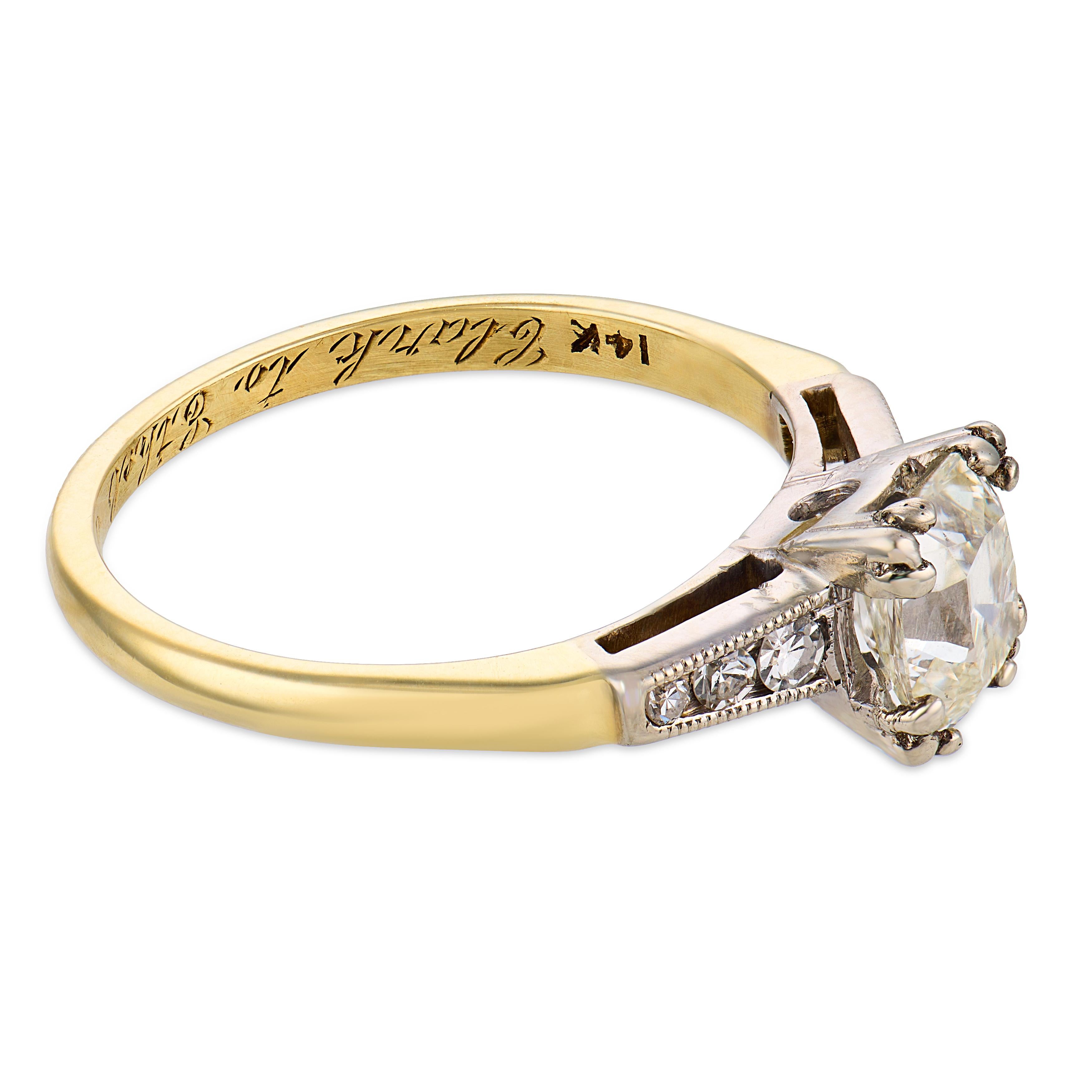 Mid Century GIA 1.00 carat diamond 14k yellow white gold engagement ring