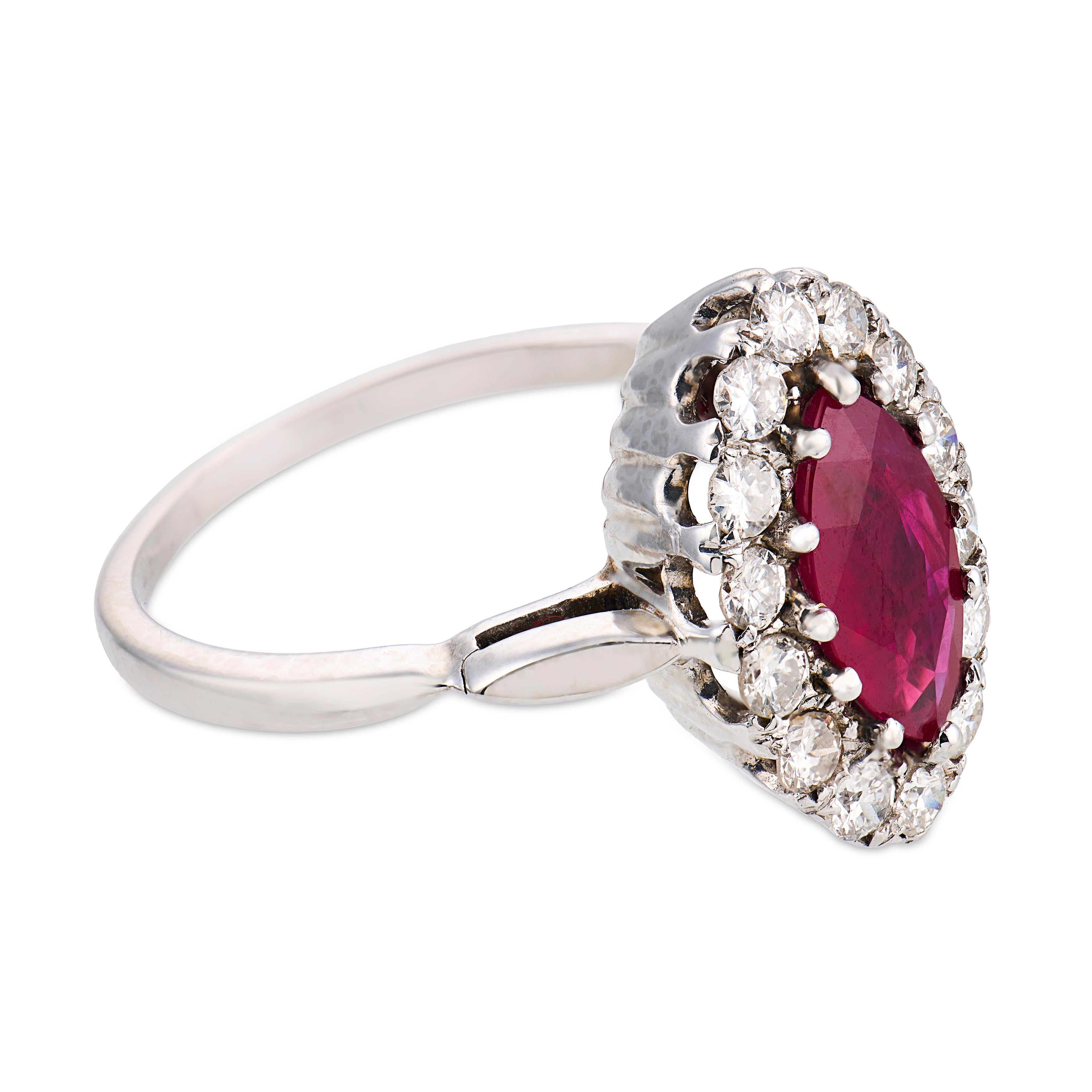 Mid Century 1.23 carat ruby diamond platinum cluster ring