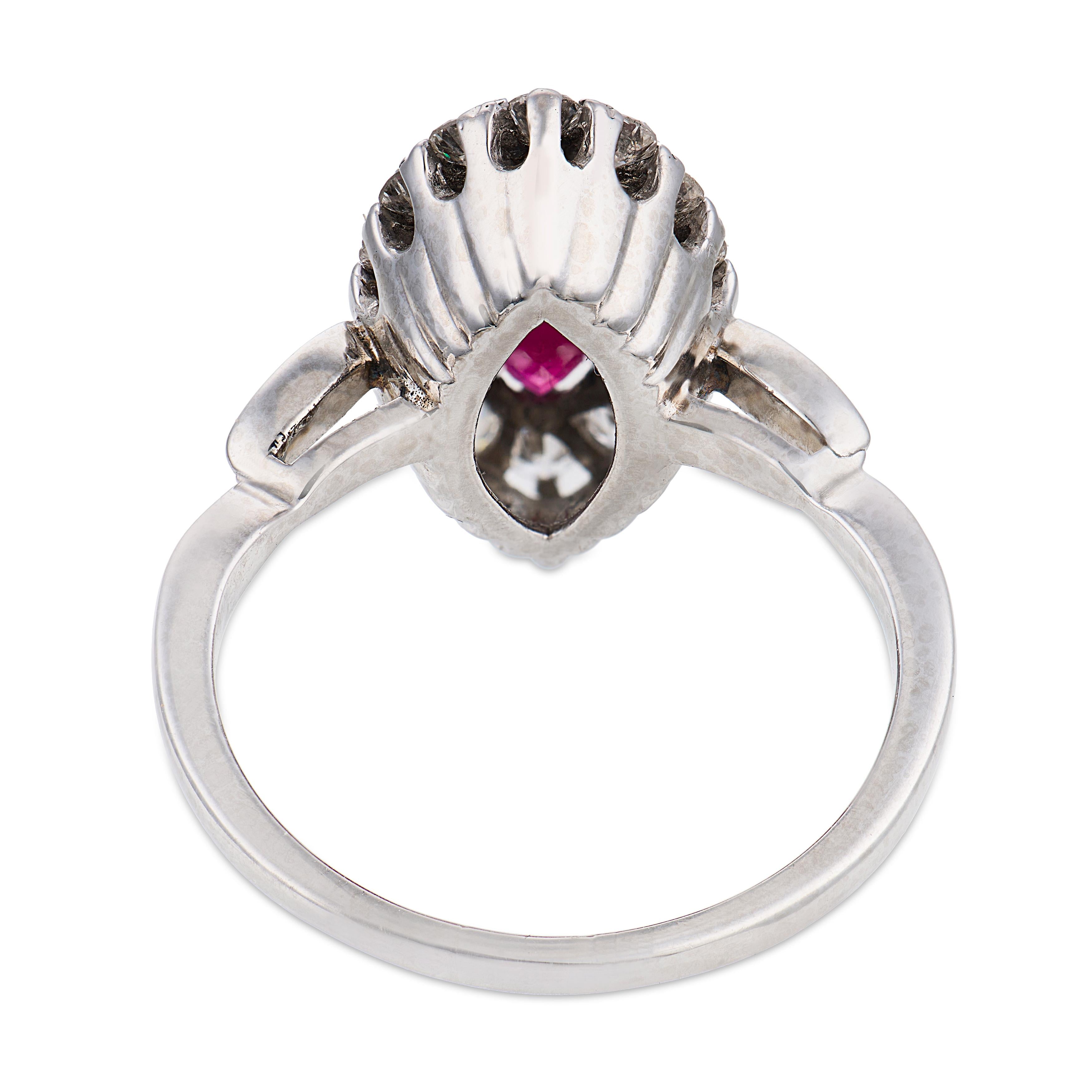 Mid Century 1.23 carat ruby diamond platinum cluster ring