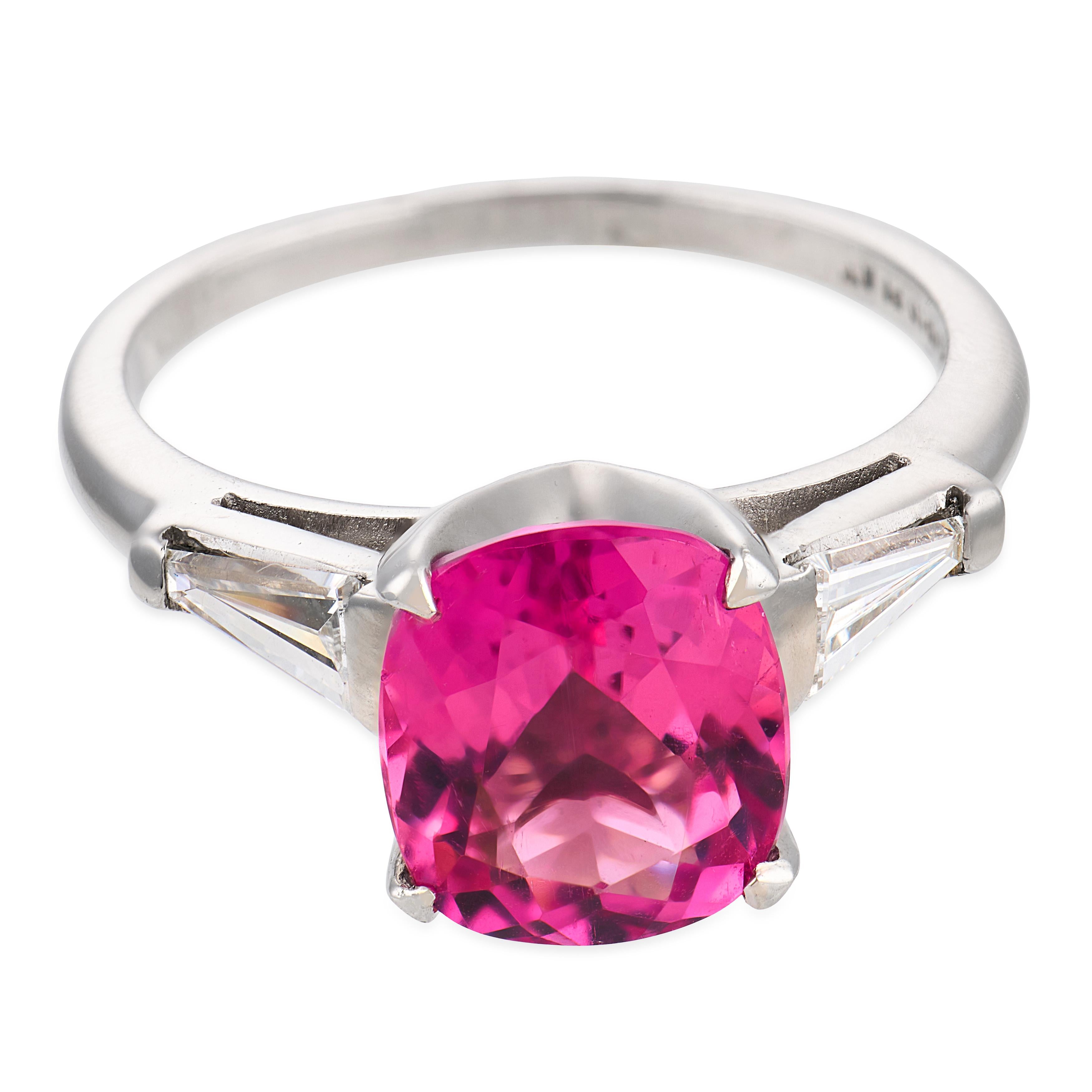 Mid Century 1.65 carat hot pink tourmaline diamond platinum ring