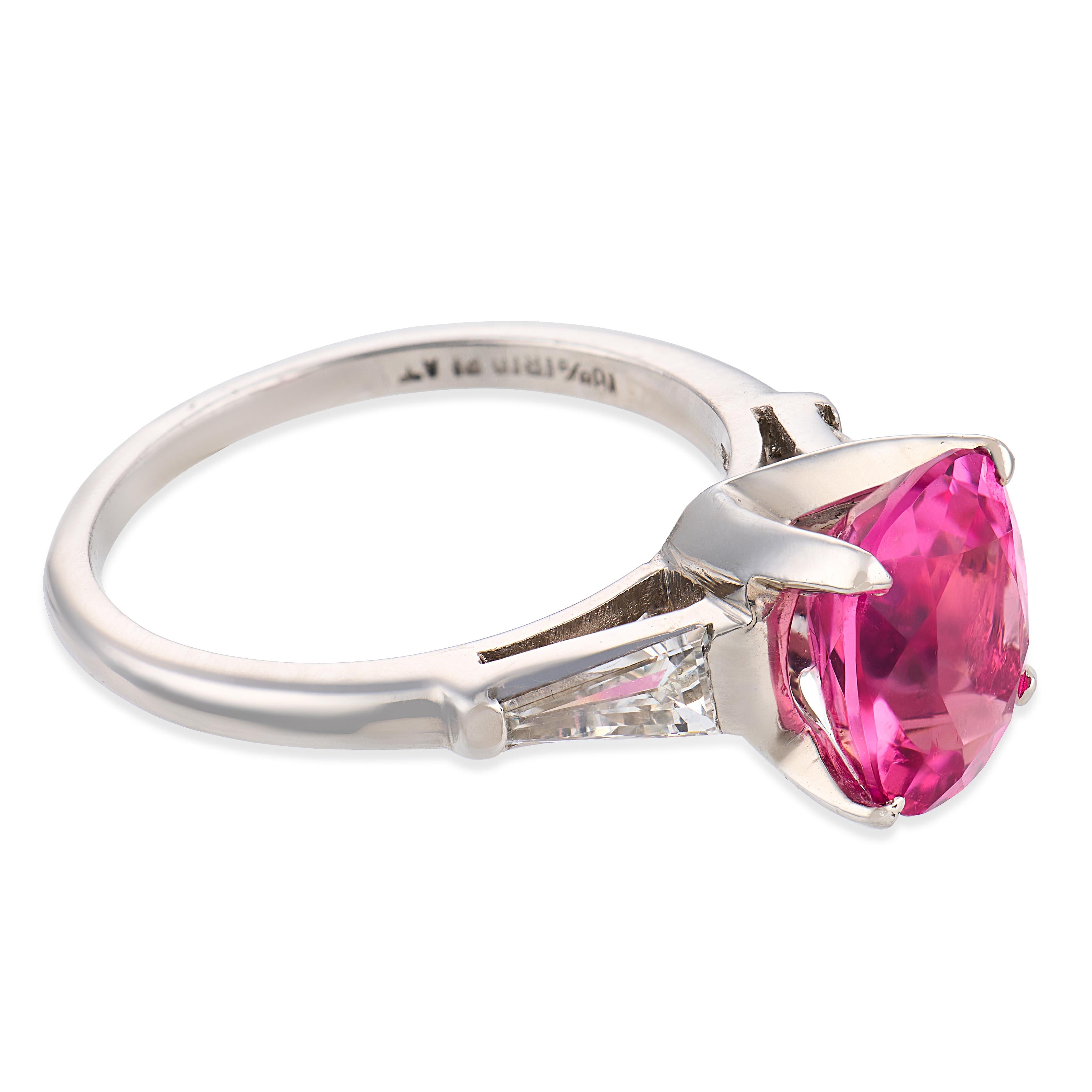 Mid Century 1.65 carat hot pink tourmaline diamond platinum ring
