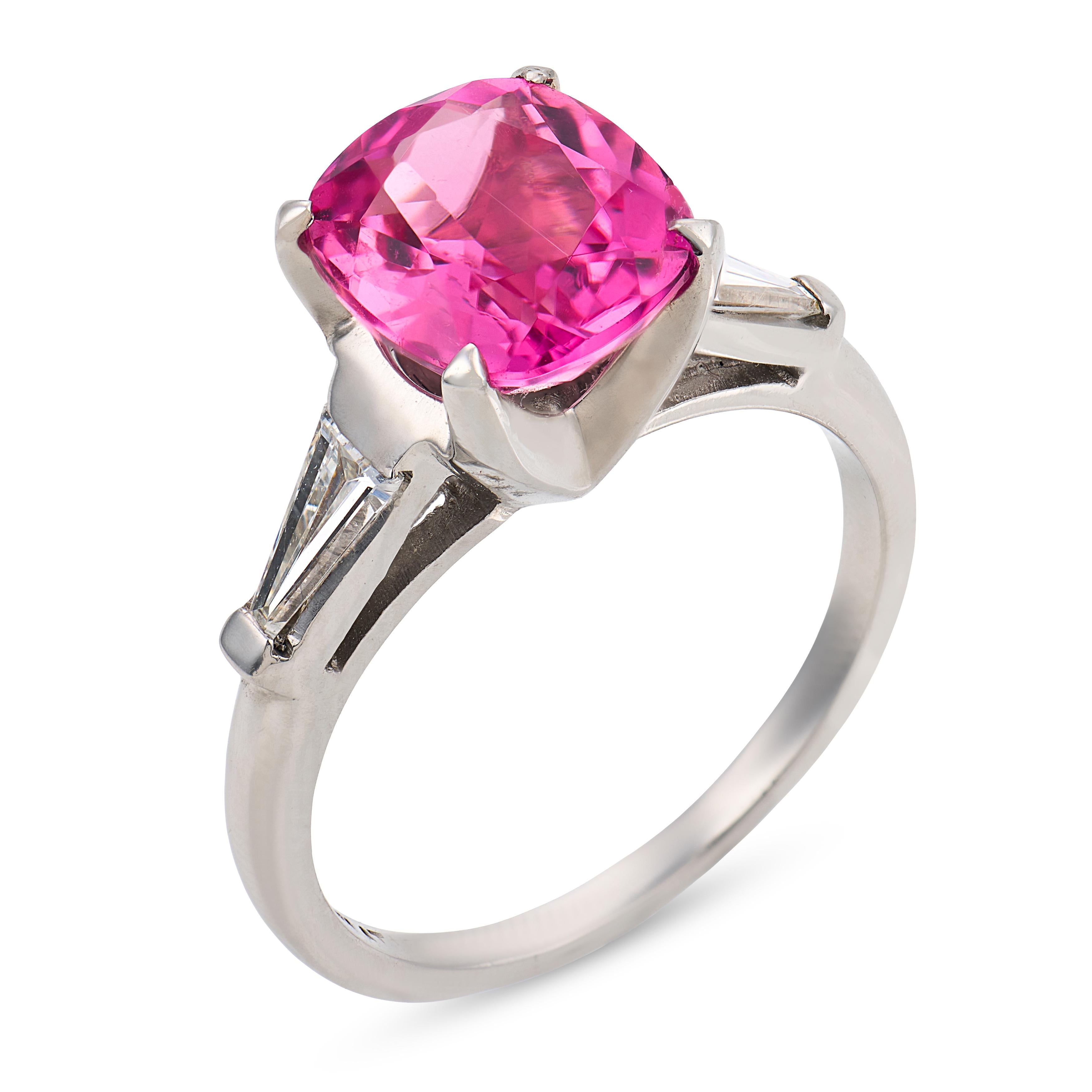 Mid Century 1.65 carat hot pink tourmaline diamond platinum ring