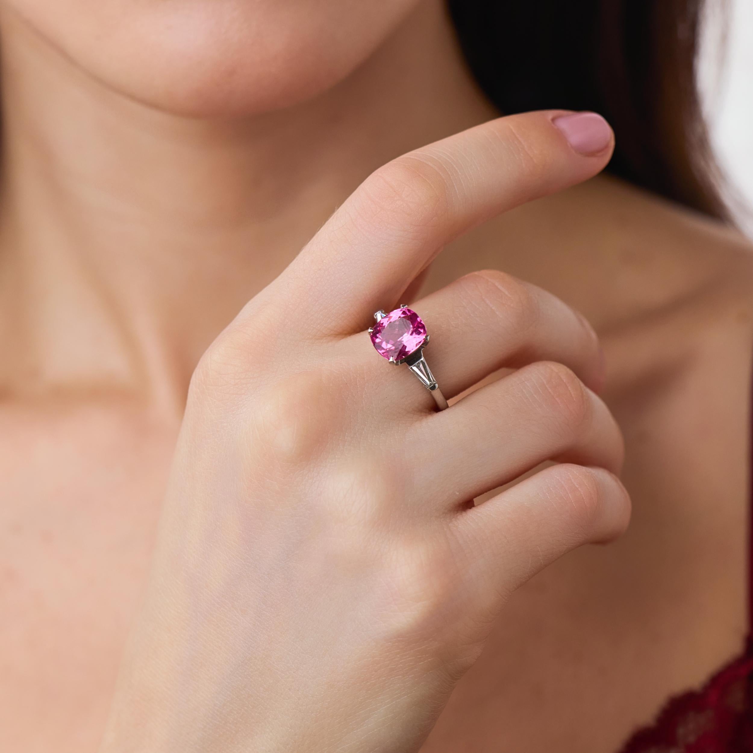 Mid Century 1.65 carat hot pink tourmaline diamond platinum ring