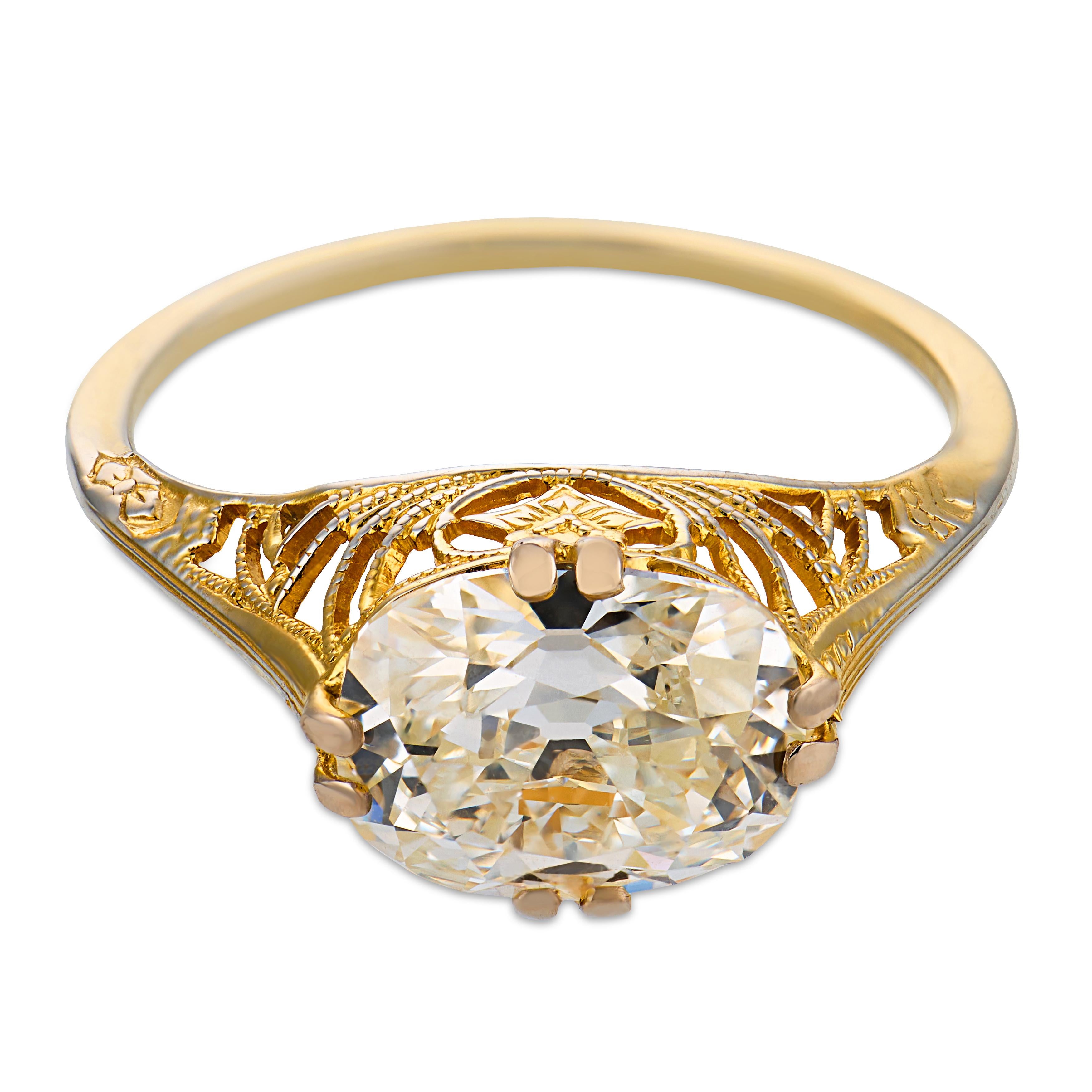 Victorian GIA 2.05 carat diamond 14k yellow gold east west engagement ring