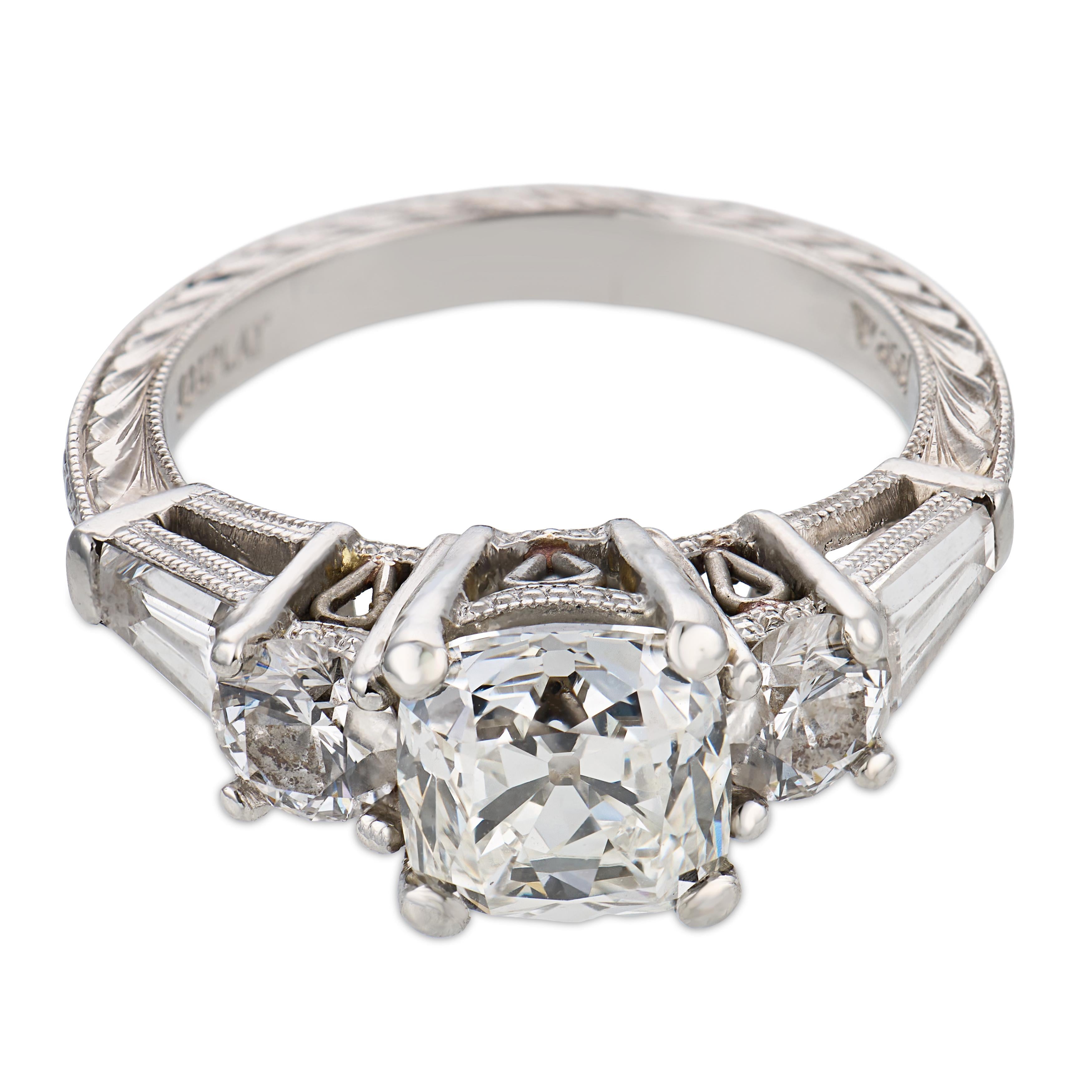 Vintage GIA 1.74 carat old mine cut diamond platinum engagement ring
