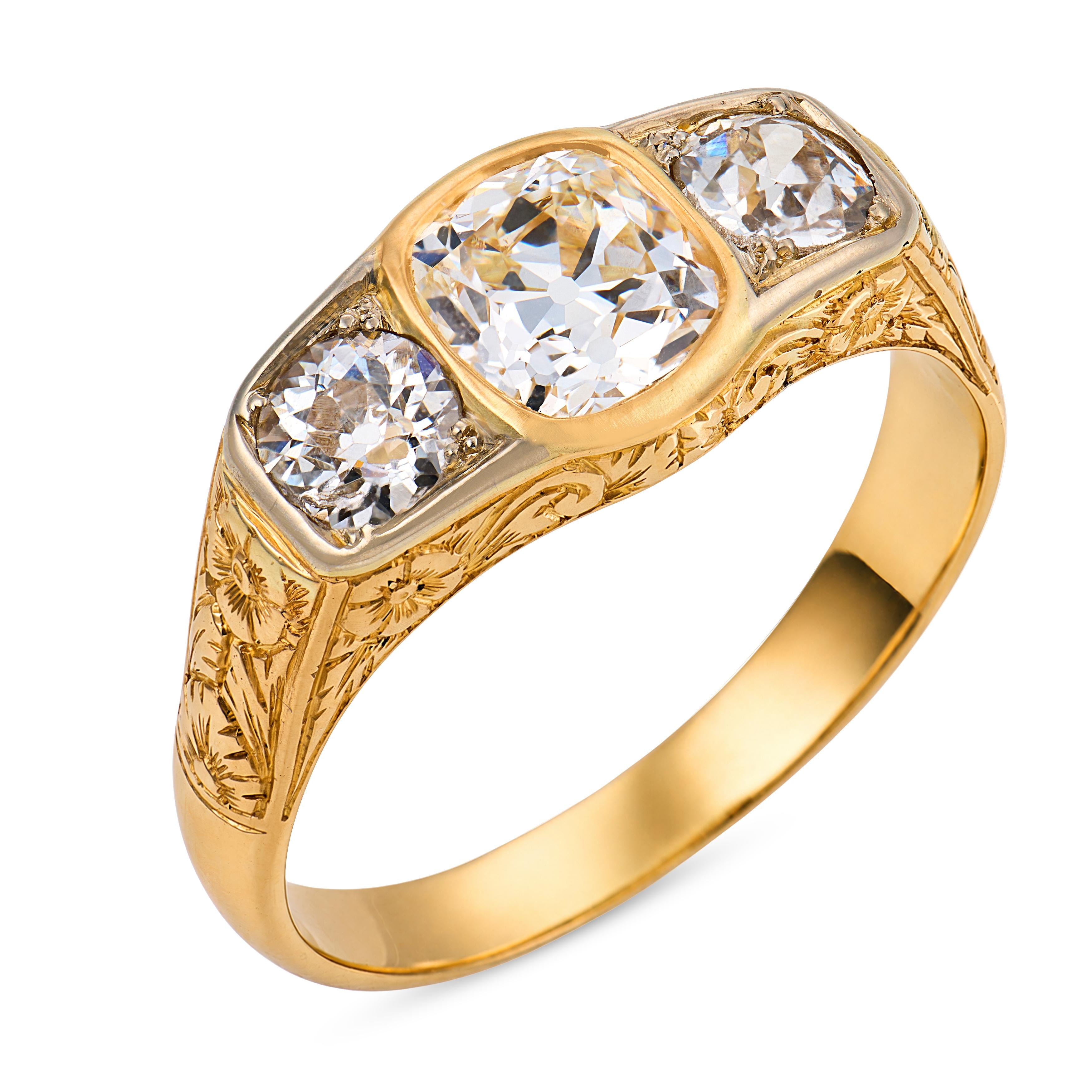 Victorian GIA 1.72 carat old mine cut diamond 18k yellow gold silver ring