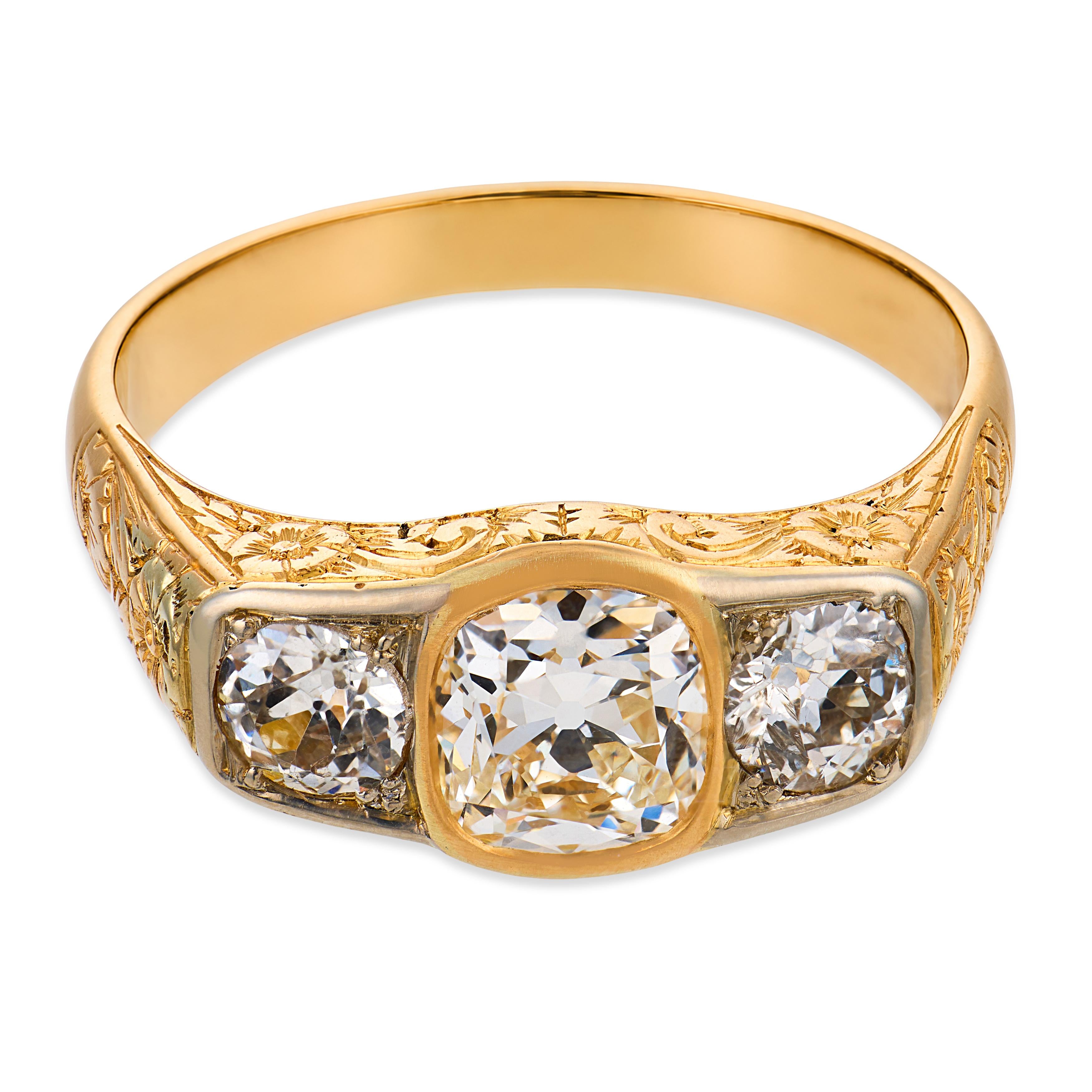 Victorian GIA 1.72 carat old mine cut diamond 18k yellow gold silver ring