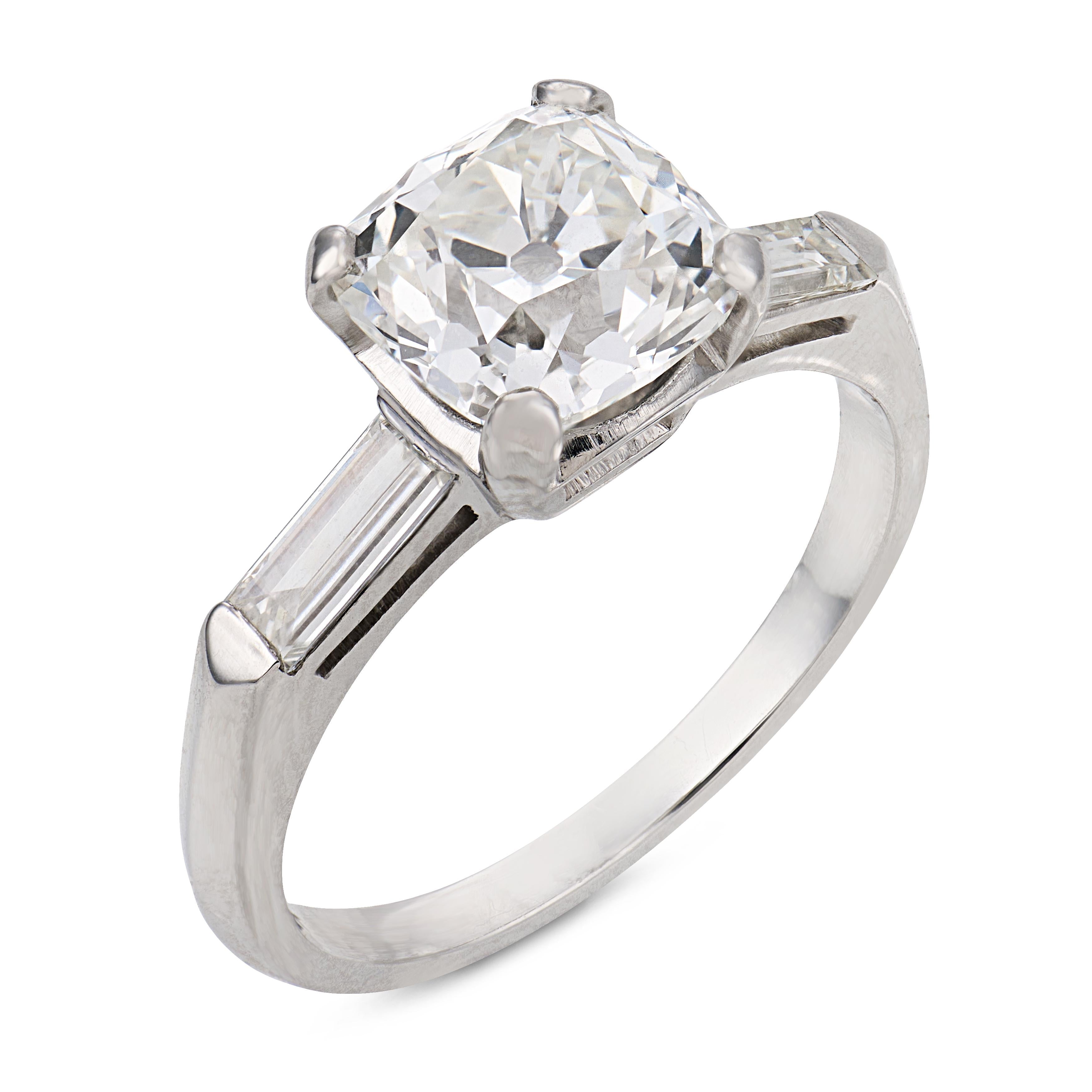 Mid Century GIA 2.11 carat old mine cut diamond platinum engagement ring