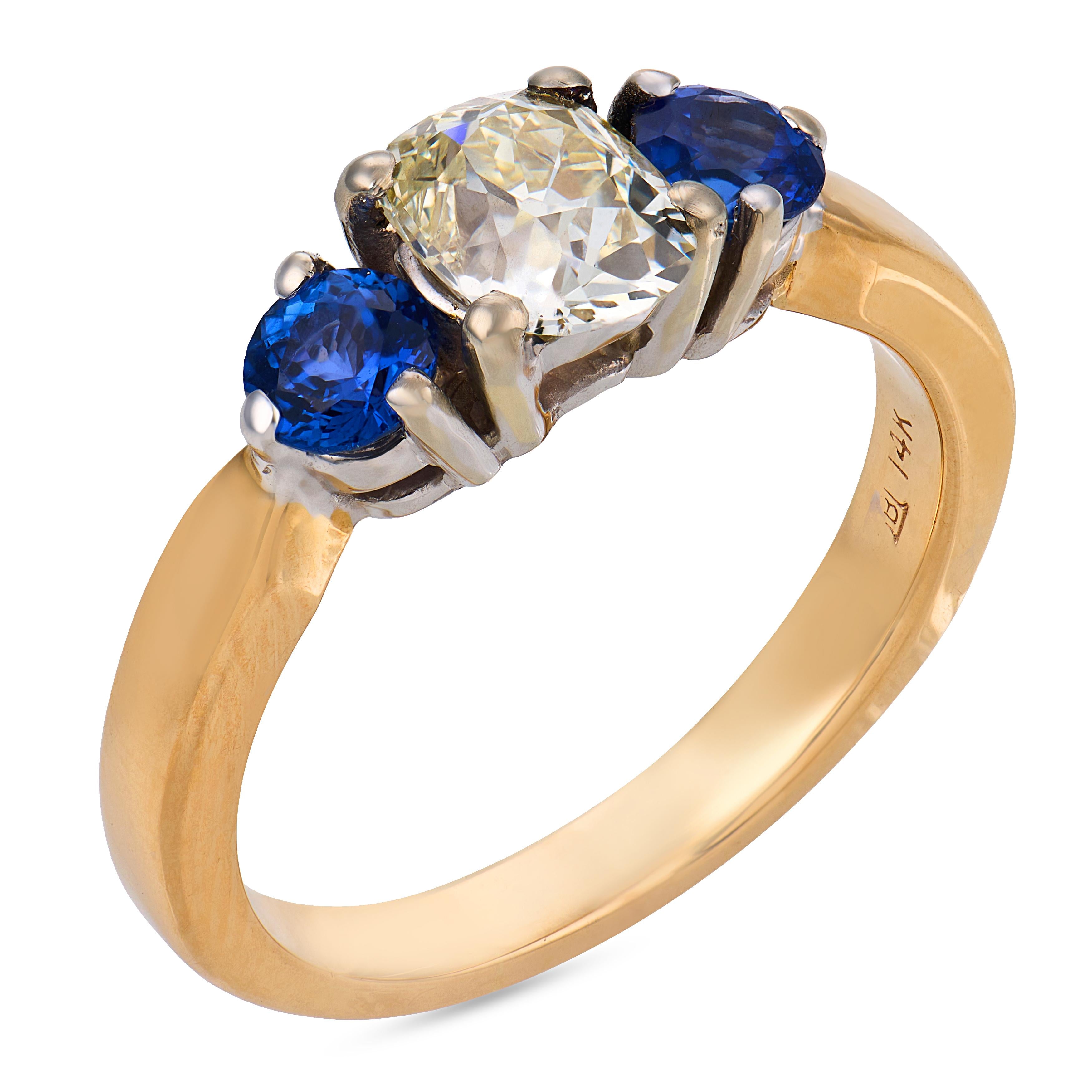 Vintage GIA 1.09 carat diamond sapphire 14k yellow white gold ring