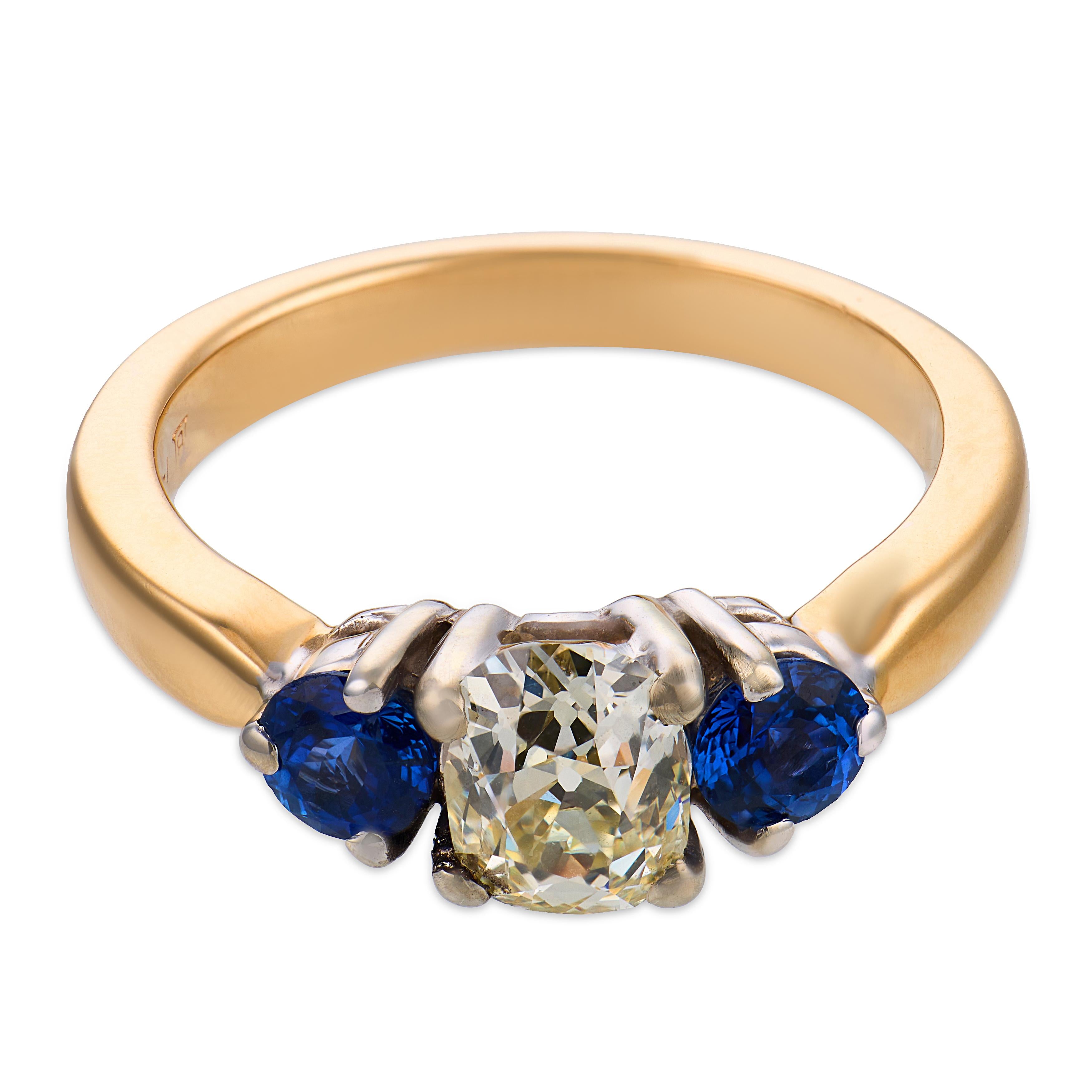 Vintage GIA 1.09 carat diamond sapphire 14k yellow white gold ring